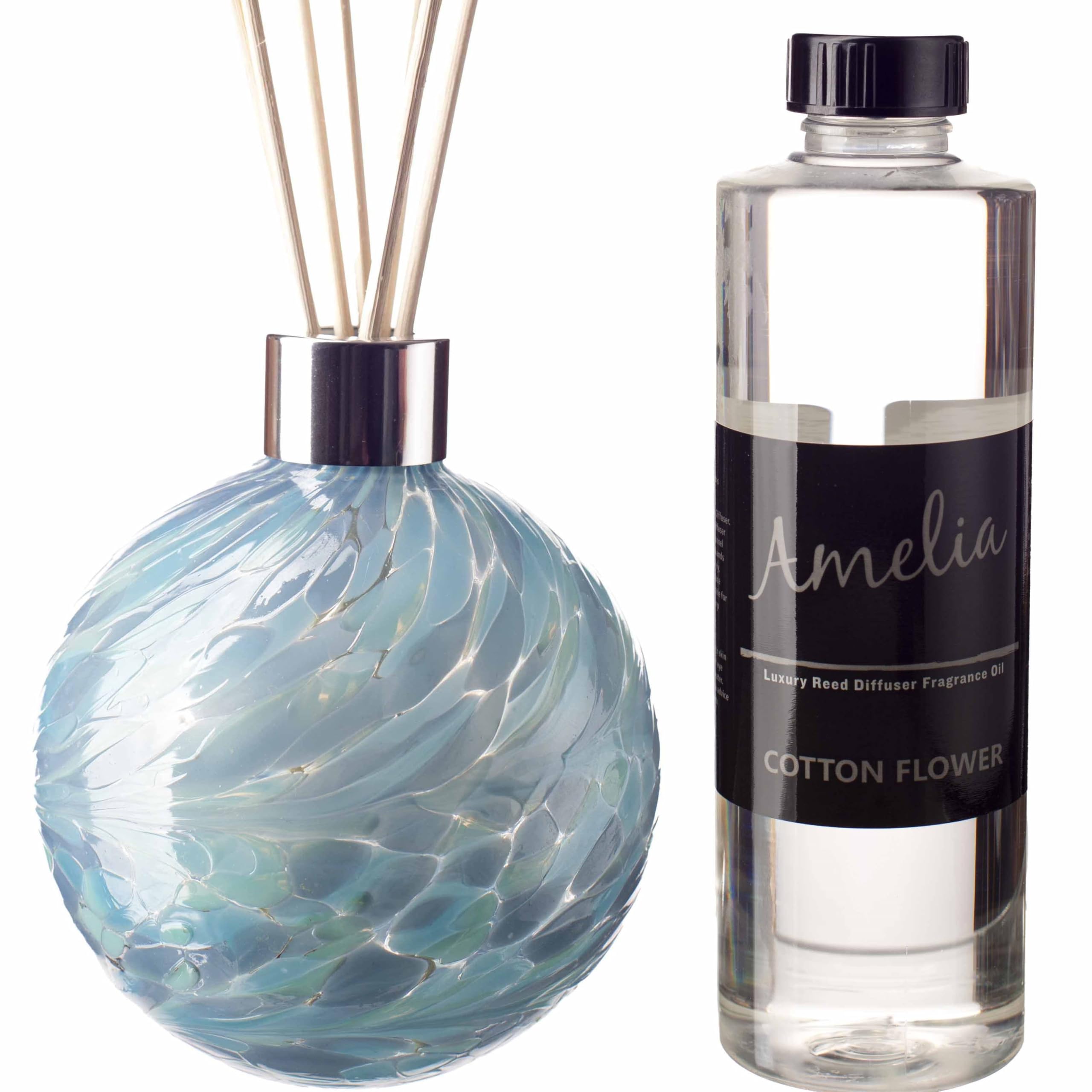 Amelia Art Glass Turquoise And Sage Reed Diffuser Gift Set In With Cotton Flower Fragrance