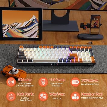 RK ROYAL KLUDGE RK100 Wireless Mechanical Keyboard RGB Backlit Bluetooth5.1/2.4G/Wired 96% Full Size 100-Key Hot Swappable Gaming Keyboard Red Switch Carbon