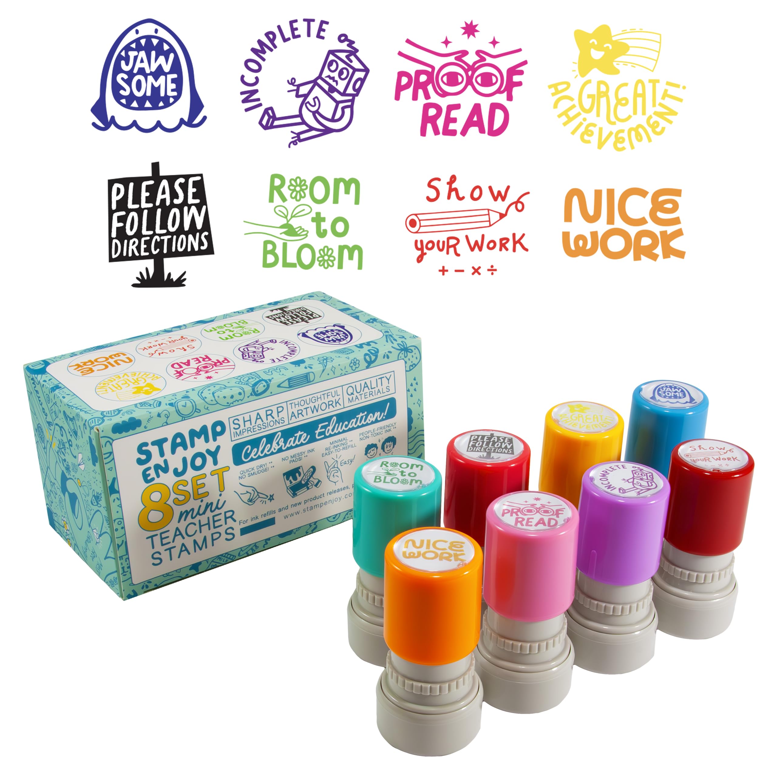 Stamp Enjoy - 8 Self-Ink Flash Stamp Set, Multicolor Teacher Stamps for Classroom, Pre-Inked, Refillable Stamps (North Star Set)