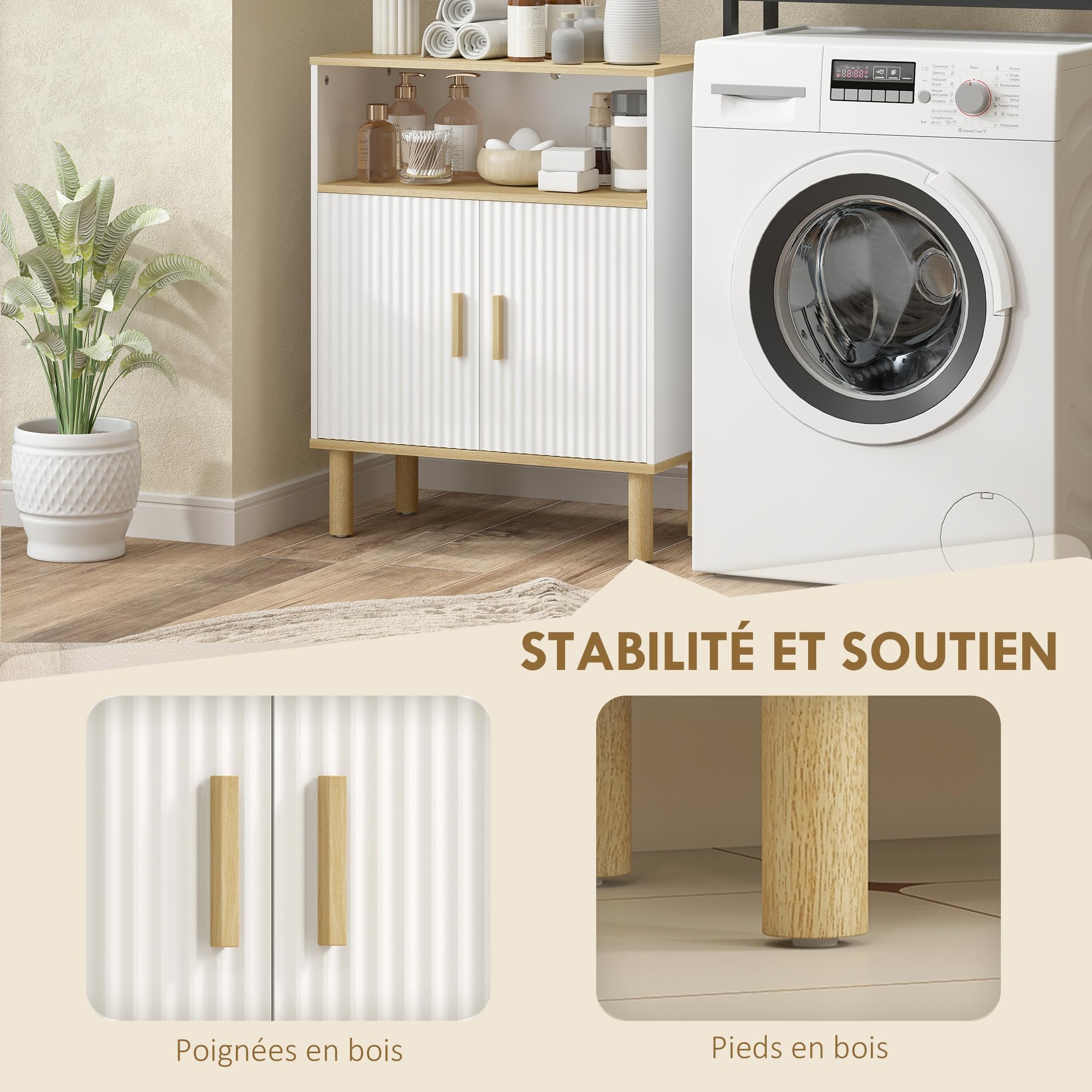 HOMCOM Meuble de Salle de Bain 60 x 29,5 x 76,5 cm Blanc et Bois Naturel