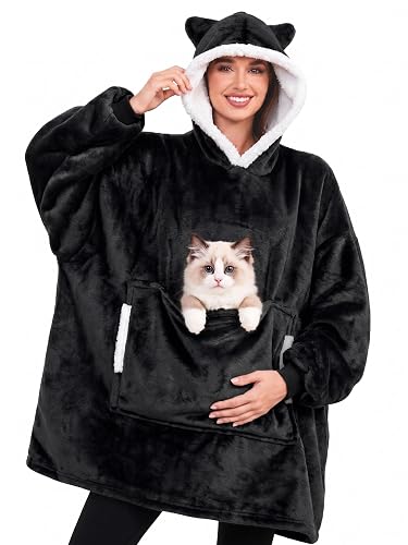 Wearable Blanket Hoodie Cute Ear Hooded Sherpa Sweatshirt for Adult
