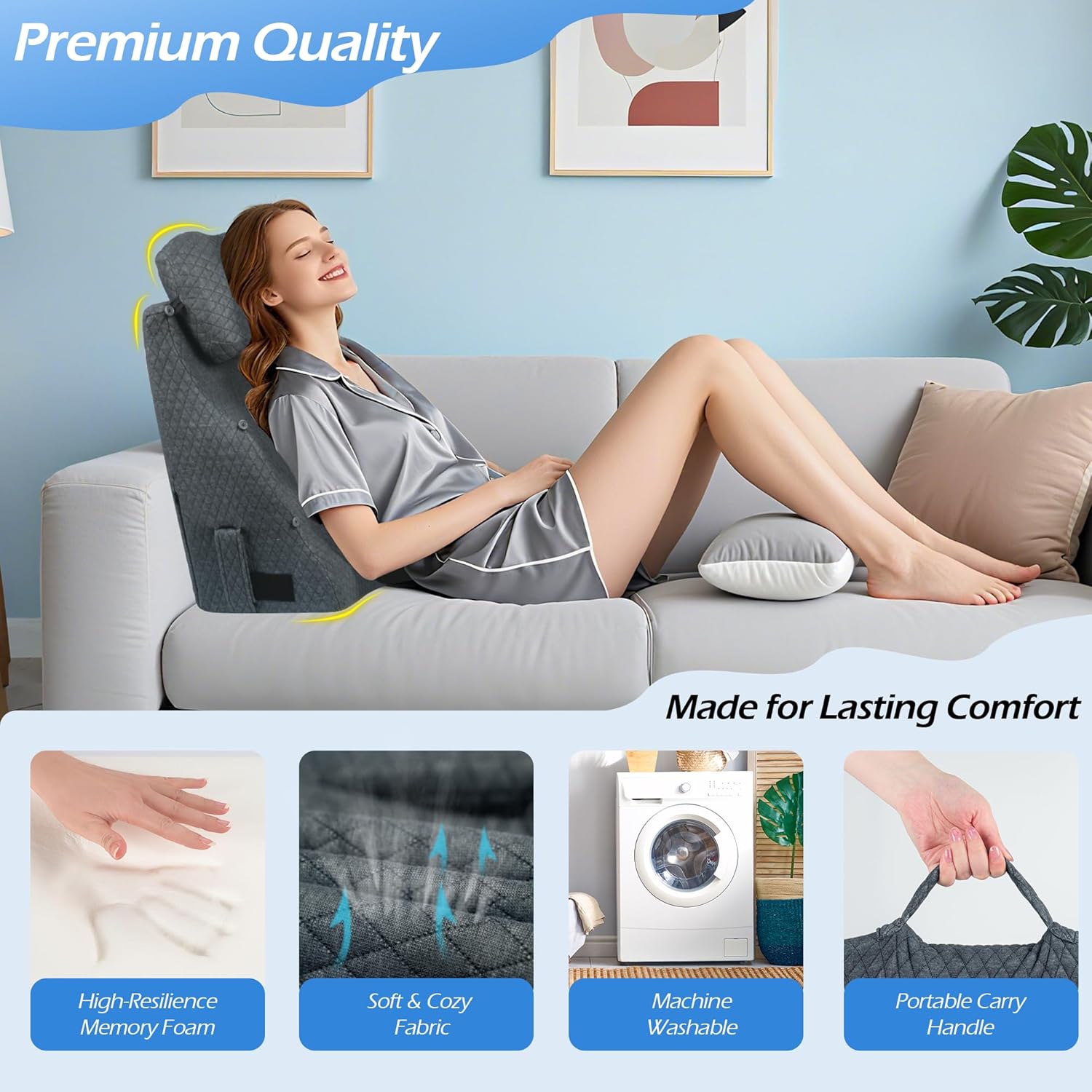 Lofty Aim Reading Pillow for Bed: Comfy Memory Foam Rest Back Pillow for Sitting in Bed Adult, Backrest Chair Pillow with Arms for Sitting Up, Watching TV, Reading, Gaming - Grey