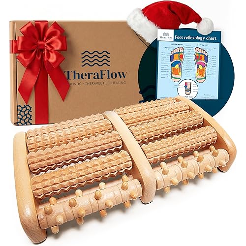 TheraFlow Foot Massager for Neuropathy & Plantar Fasciitis Relief - Mom Gifts for Women & Gifts for Dad, Wooden Foot Roller Massager, Neuropathy Pain Relief for Feet (Includes Reflexology Chart)