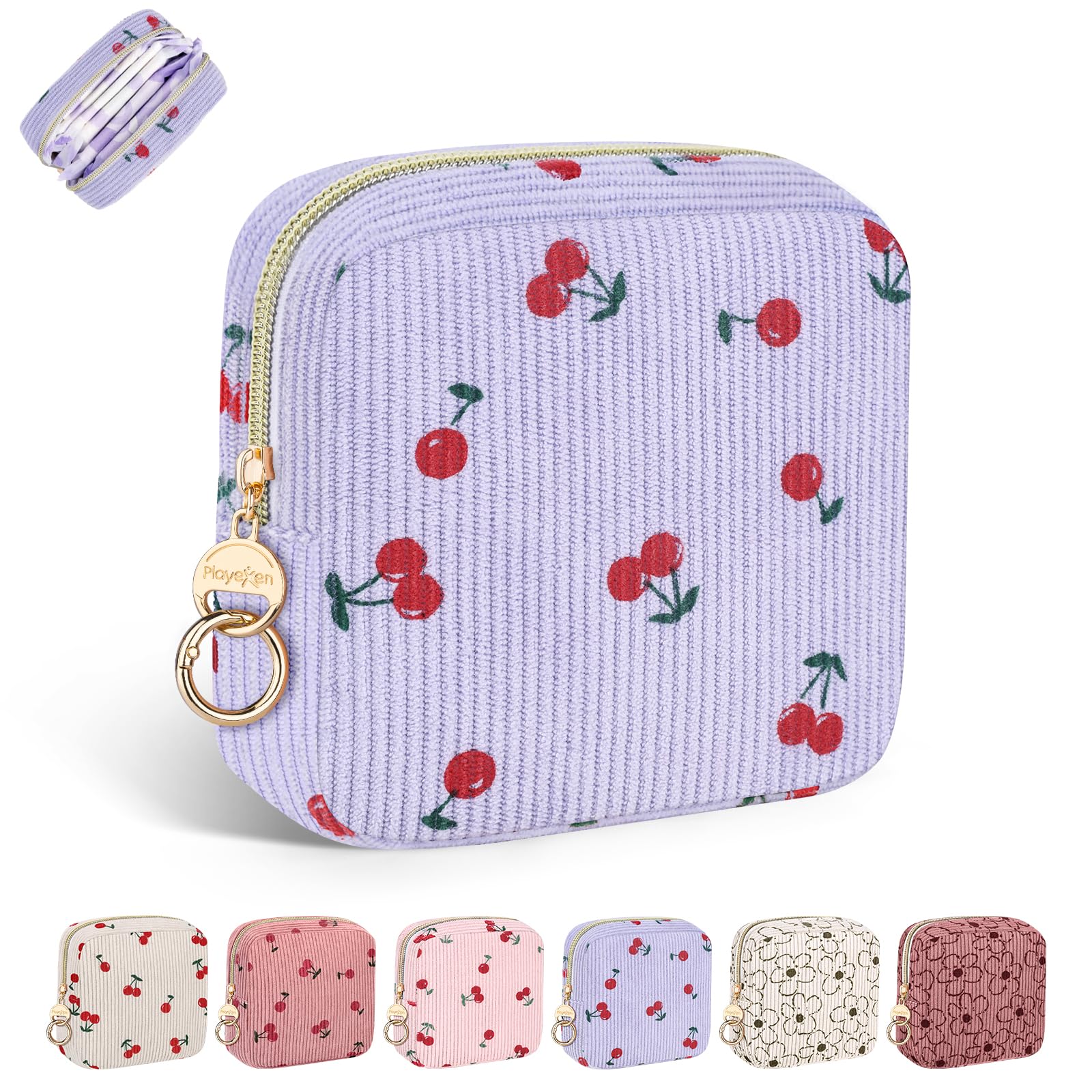 Period Bag for Teen Girls, Corduroy Sanitary Napkin Pouch, C-Lilac