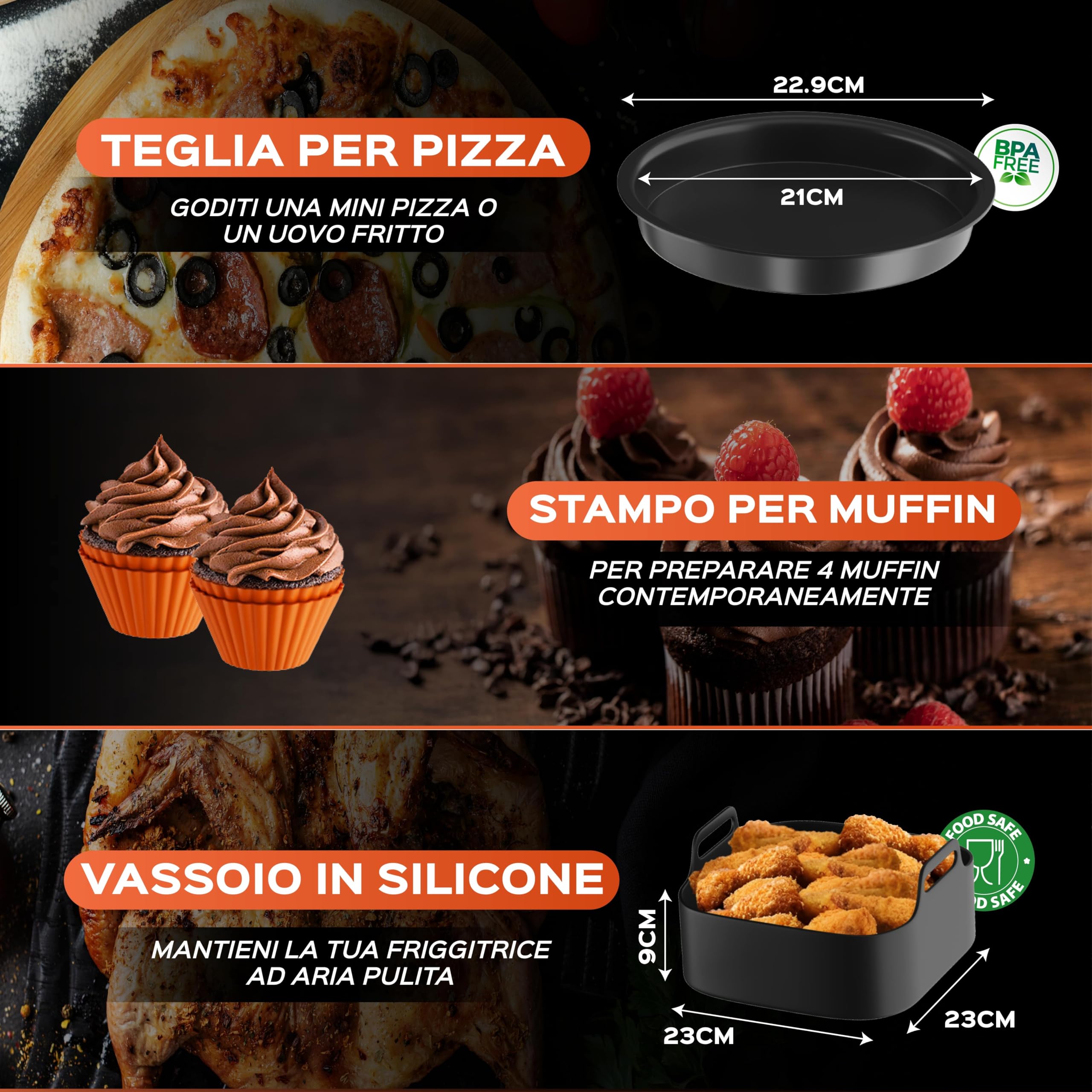 Accessori Friggitrice ad Aria per Philips 6,2L, Cosori e Cecotec | Set con teglia in silicone (23cm), griglia e teglia per pizza. Acciaio inox privo di BPA lavabile in lavastoviglie