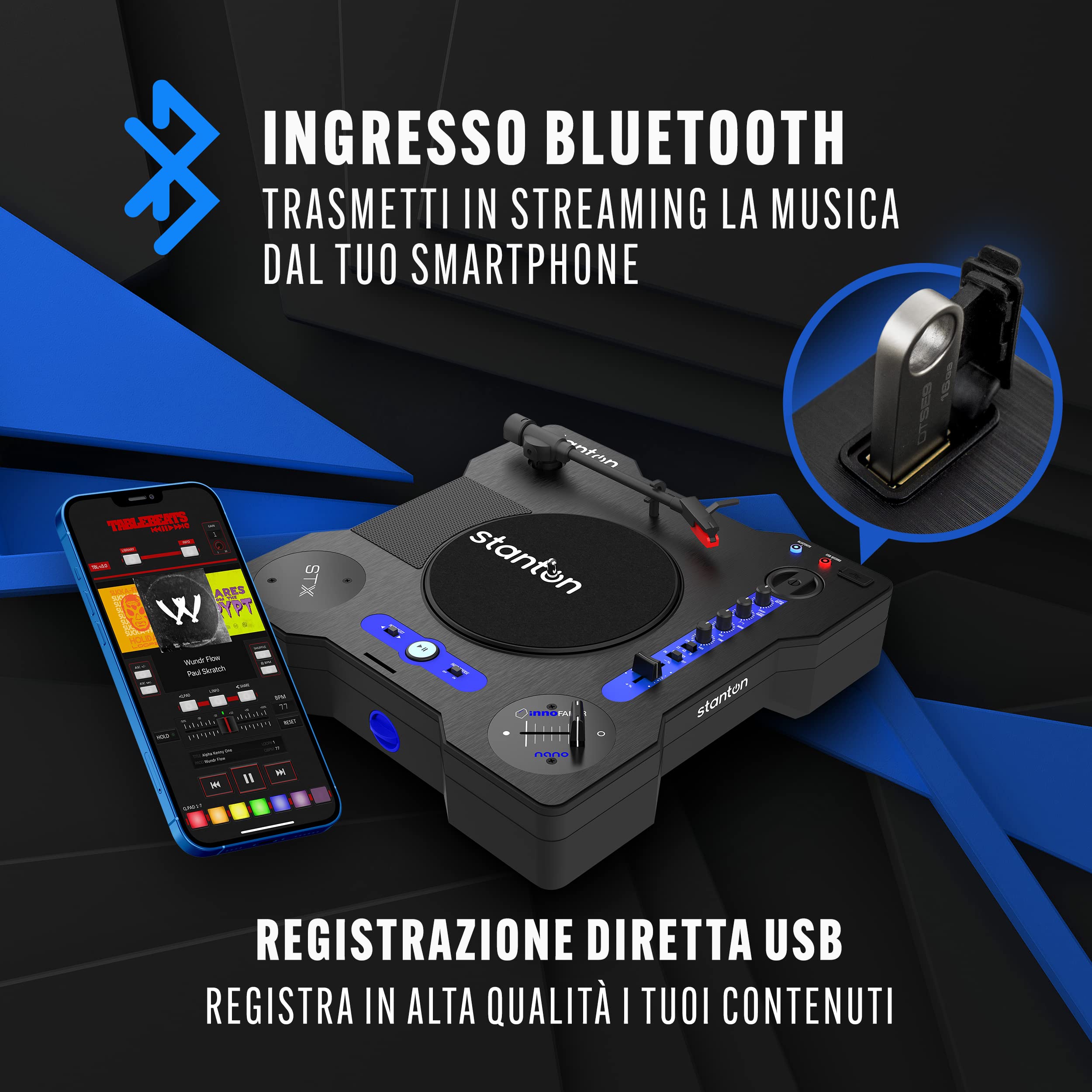 Stanton STX - Giradischi scratch per DJ con Innofader Nano crossfader, Bluetooth, cursore Pitch, registrazione USB, cassa, 2 batterie ricaricabili