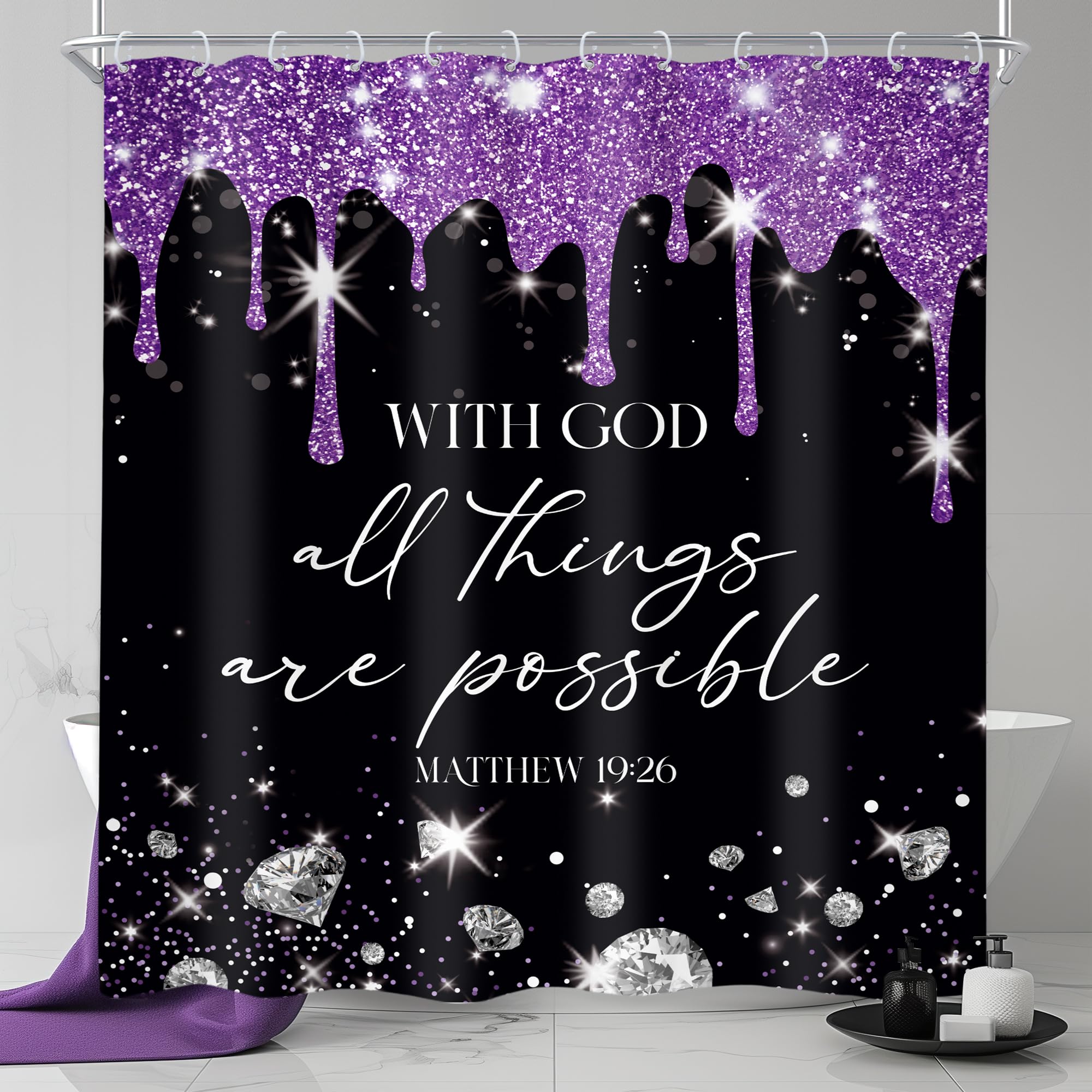Newsely Black Purple Diamonds Quotes Shower Curtain 60Wx72H Inch (No Glitter) Modern Black White Bible Verse Luxury Christian Scripture Bathroom Set