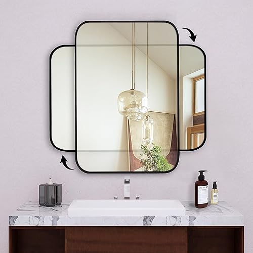 Miniatura 5 de Espejo de pared negro mate cepillado de 20 x 30 pulgadas, espejo rectangular redondeado con marco de metal para colgar para baño, entrada, tocador,