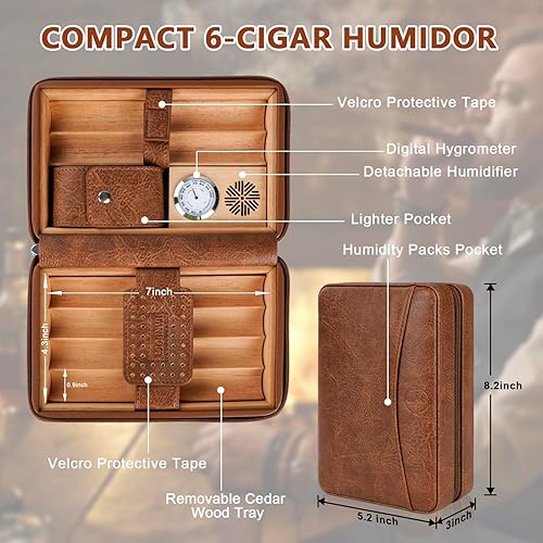 Miniatura 2 de Humidor de cigarros, estuche de viaje de madera de cedro de cuero con higrómetro y humidificador, encendedor de cigarros multifuncional, cortador en