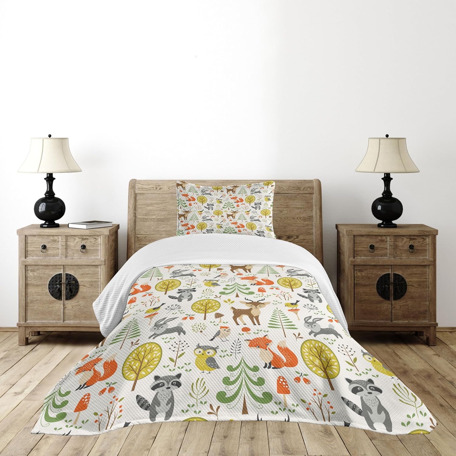 Lunarable Animals Bedspread, Woodland Forest Animals Trees Birds Owls Fox Bunny Deer Raccoon Mushroom Print, Decorative Quilted 2 Piece Coverlet Set with Pillow Sham, Twin Size, Orange Brown
