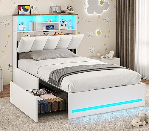 Miniatura 12 de VIAGDO Base de cama Queen con cabecera de estantería, marco de cama de madera tamaño Queen con estación de carga, 4 cajones de almacenamiento y