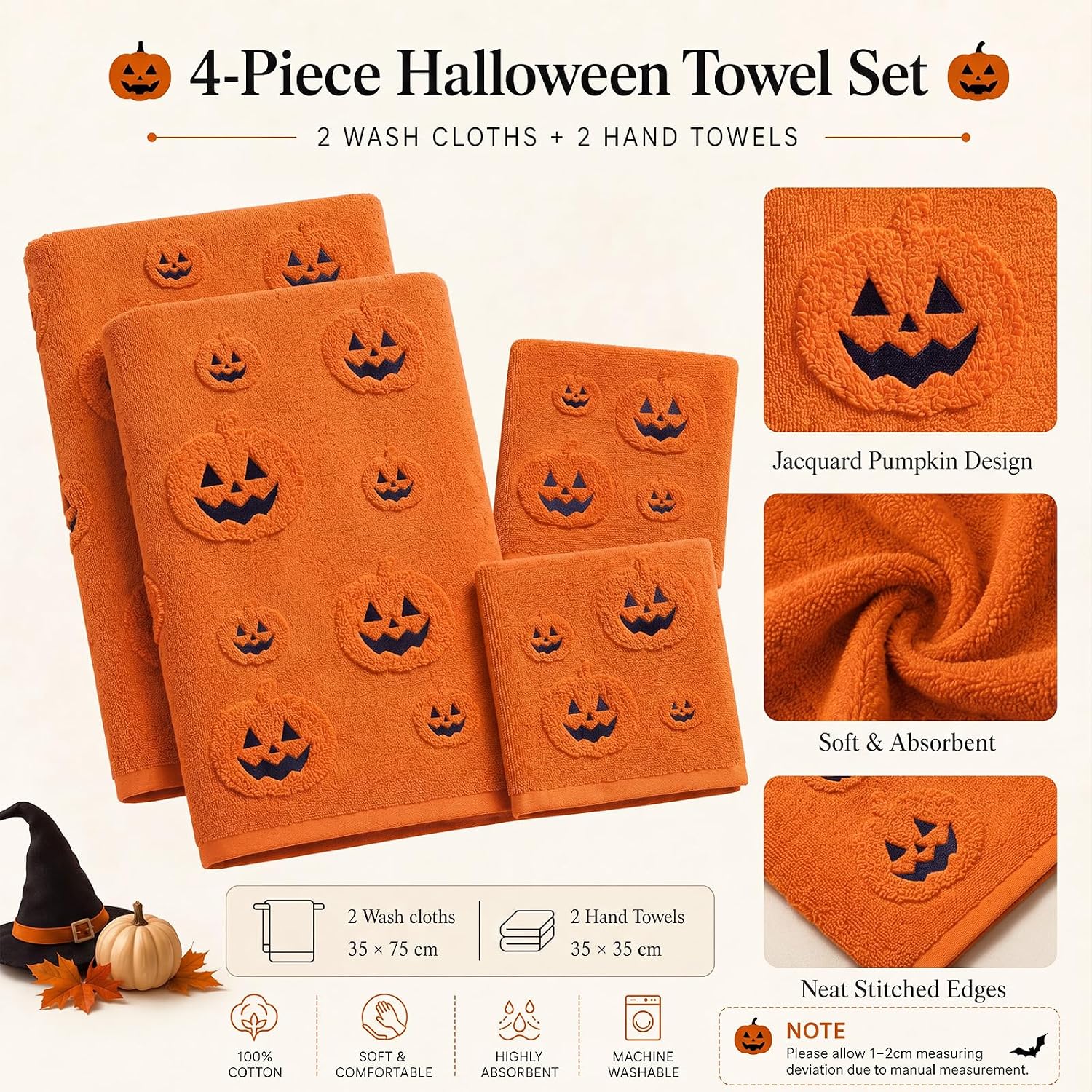 Fanfanwin 4 Pack 3D Halloween Hand Towels & Wash Towel 100% Cotton, Pumpkin