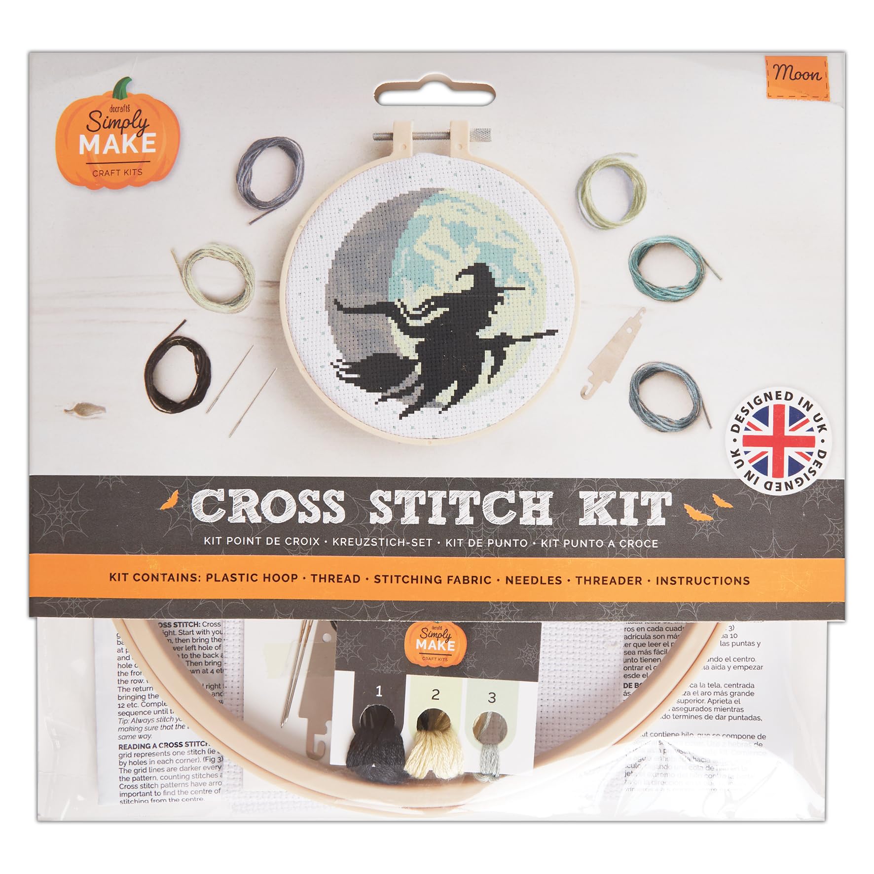 Simply MAKE Cross Stitch Kit Moon Design, Halloween, Hoop, Embroidery Thread, Fabric & Needle, Beginners