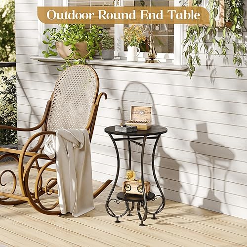 Miniatura 5 de X-cosrack Mesa auxiliar redonda pequeña, mesa auxiliar redonda para espacios pequeños, mesita de noche de metal negro con pies ajustables, mesa de