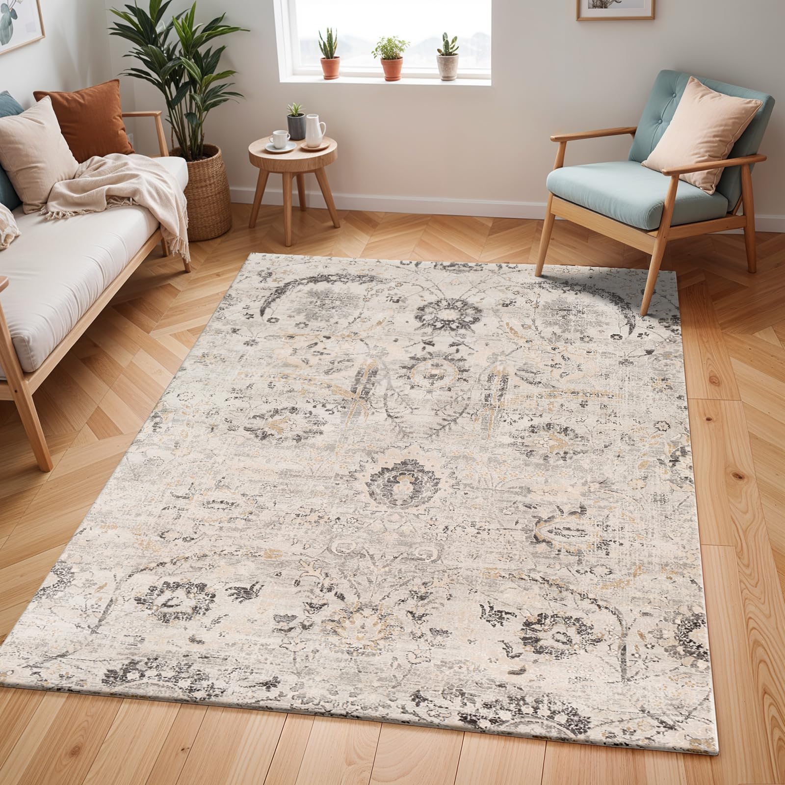 Livabliss Aarya Naftah Vintage Carpet 127x170 cm – Living Room, Hallway & Bedroom, Scandi Neutral Boho Style, Easy Care Pile, Grey, Mustard & Beige