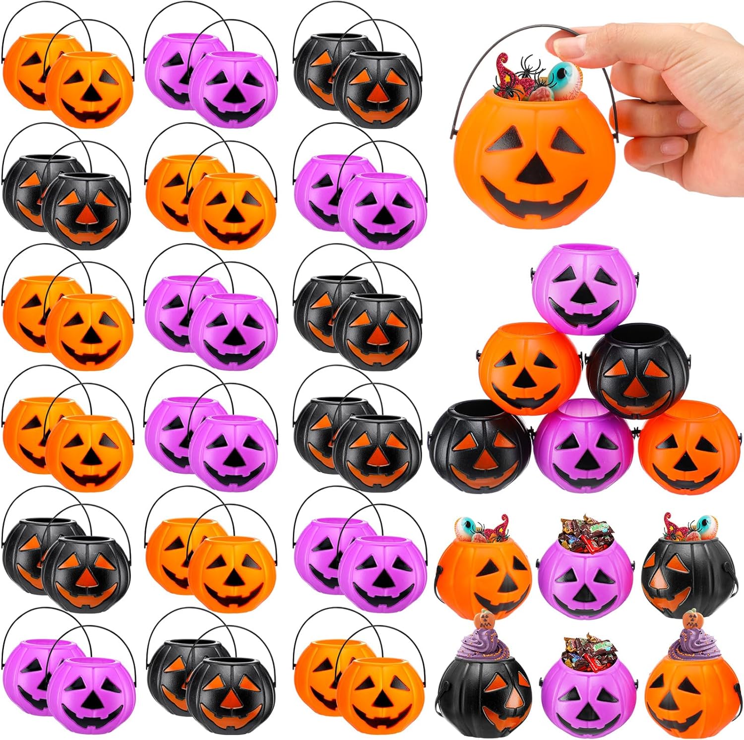 Lallisa 50 Halloween Mini Pumpkins Bucket Plastic Pumpkins Bucket Trick Treat Storage Bulk Halloween Candy Holders Container for Decorations Gift Party Supplies (Orange, Black, Purple)