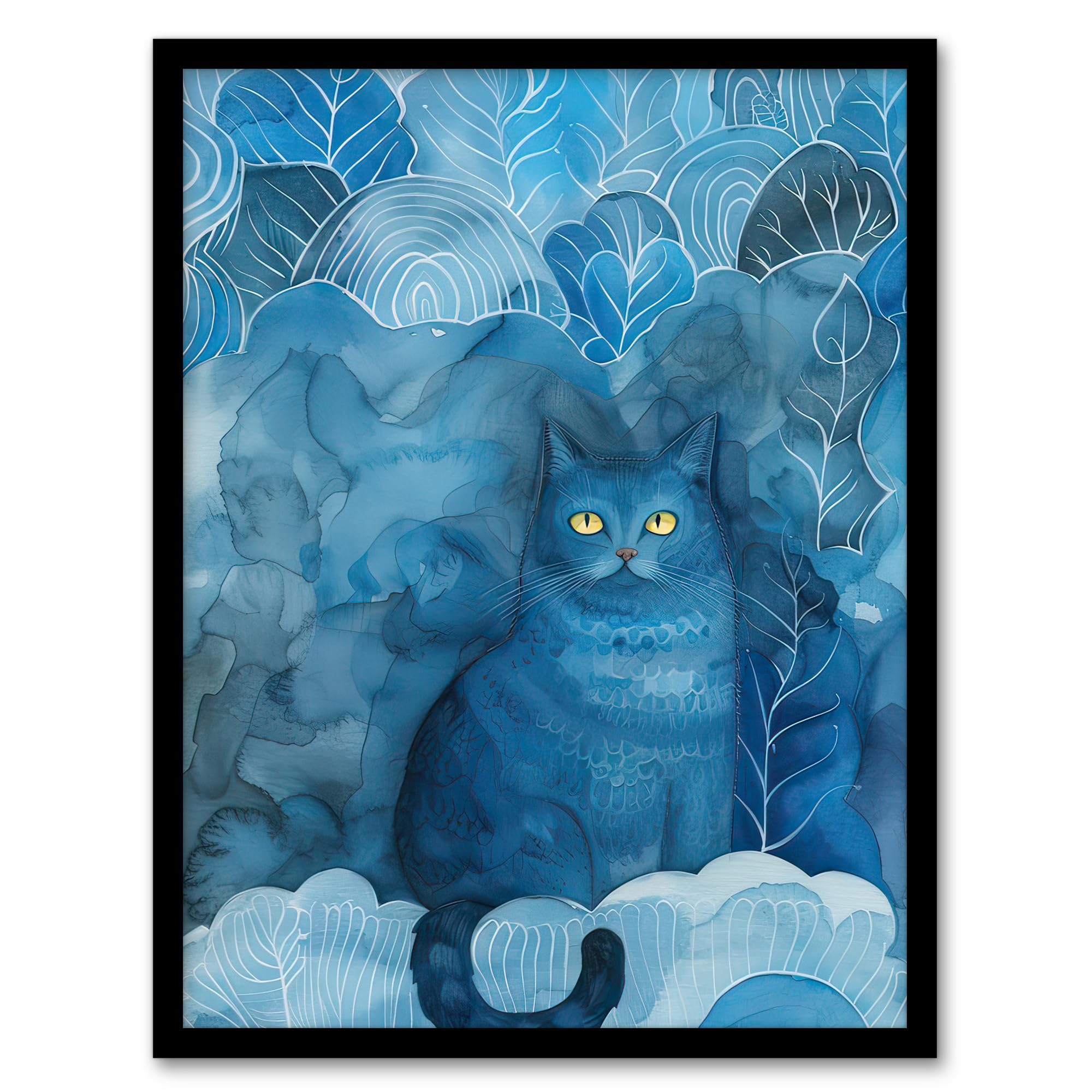Artery8 Moggie Cat Lover Nocturnal Blue Dream Watercolour Living Room Artwork Framed Wall Art Print A4