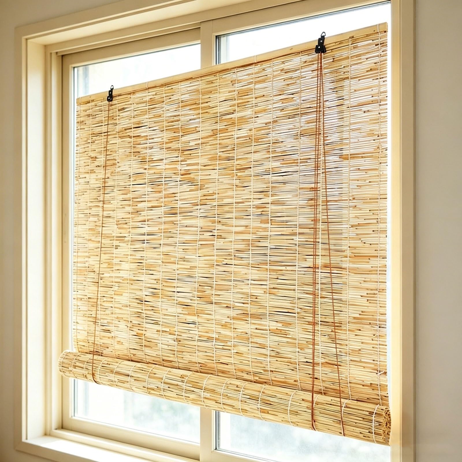 Retro Bamboo Roller Shades 40-160CM Wide Outdoor Reed Roll Up Blinds UV Privacy protection Cordless for Outdoor Patio, Porch, Pergola, Balcony