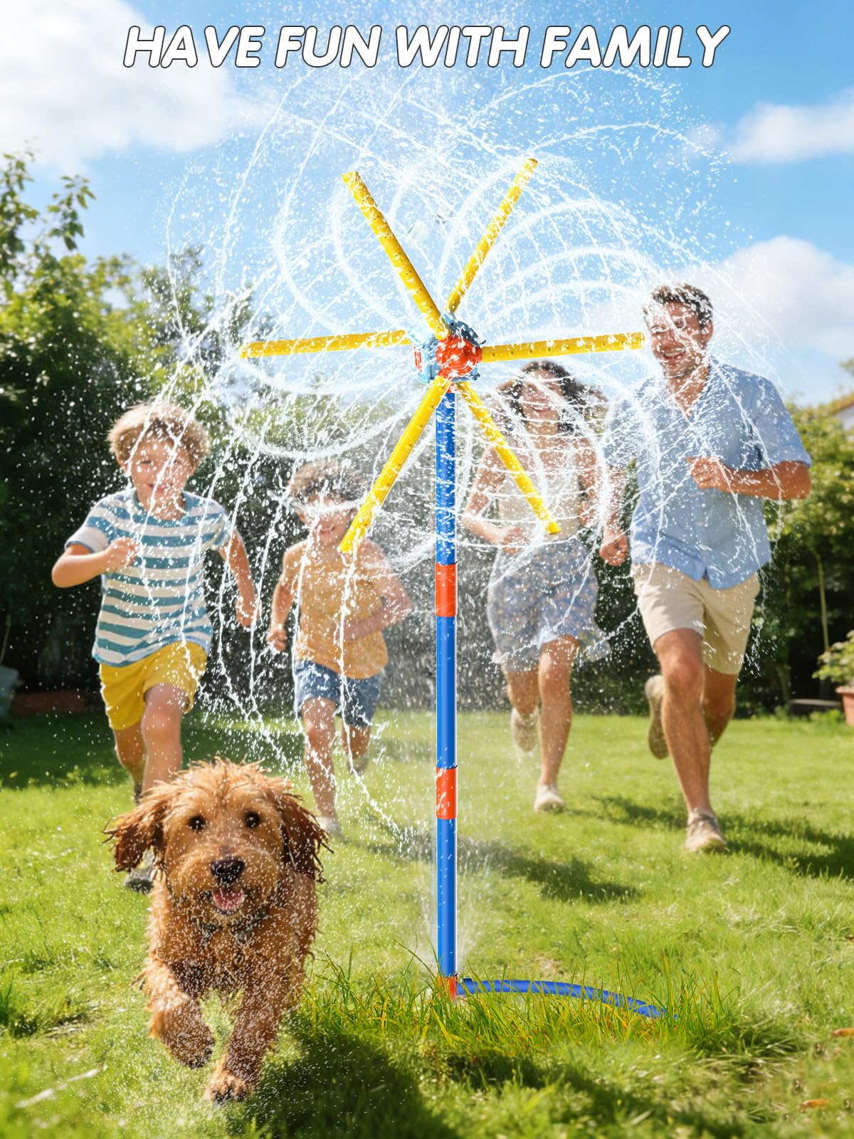 VATOS Aspersor de Molino 59 Pulgadas, Juguete de Exterior para Niños – Doble Cara con 6 Aspas & 54 Boquillas, Giro 360° – Juego de Agua para Niños, Mascotas y Riego del Césped