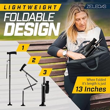 Walking Cane for Women & Men - Self Standing Adjustable Folding Cane with T Handle and 360 Pivot Base - Lightweight Foldable Walking Stick for Seniors - Collapsible Cane for Walking