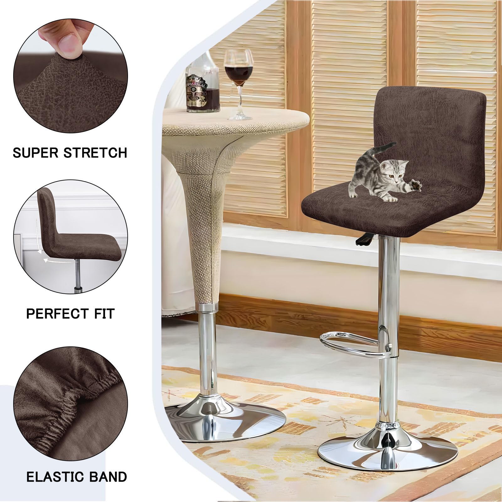 Résistant Housse Tabouret de Bar avec Dossier, Lot de 4 Extensible Faux Cuir Housse Chaise Bar Anti-Taches Lavable Housse de Chaise de Bar avec Bas élastique-café-Lot de 4