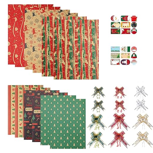 PintreeLand 12 Sheets Christmas Wrapping Paper Set(6 Large&6 Small, 59 Sq. Ft. Ttl) with 12PCS Gift Bows and Labels - Vintage Red Green Xmas Holiday Kraft Present Wrap Paper