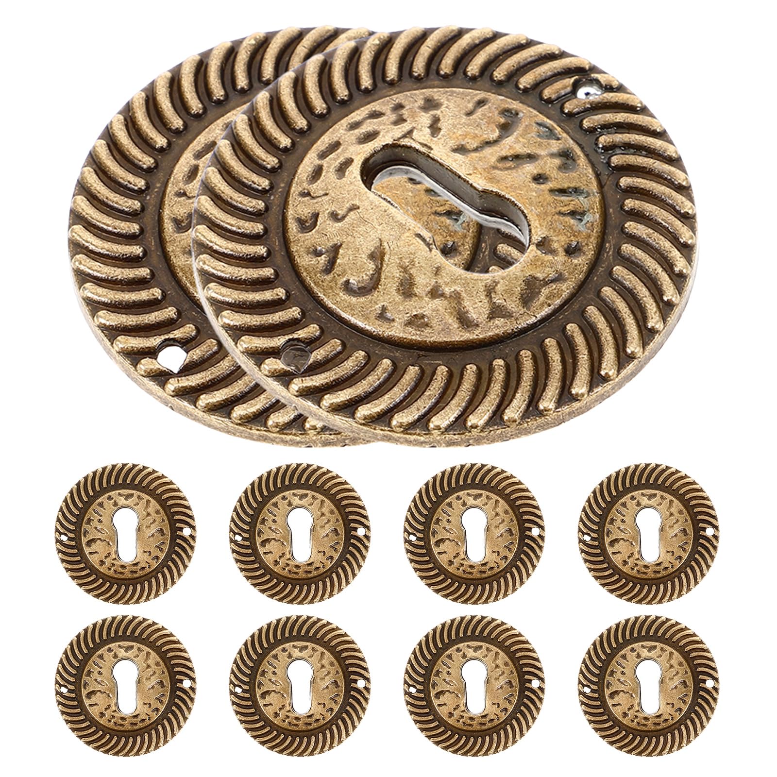 UKCOCO 10-Pack Antique Brass Keyhole Escutcheons 1.57In – Rope-Edge Zinc Alloy Plates Shield Wood from Key Scratches for Dresser Drawers, Cabinet Doors & Vintage Boxes