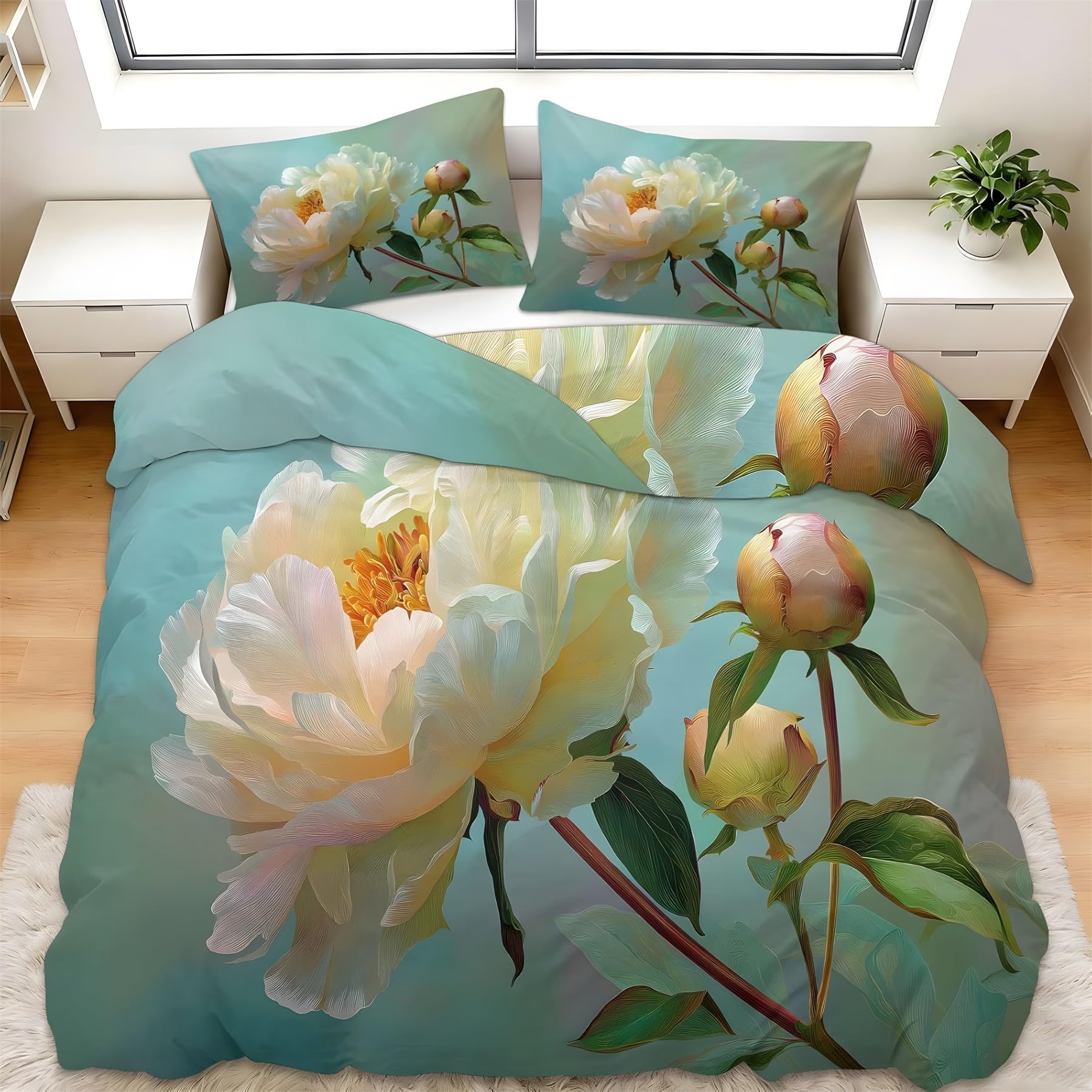 Parure de lit 140x200 microfibre doux housse de couette pivoines blanches QF1029