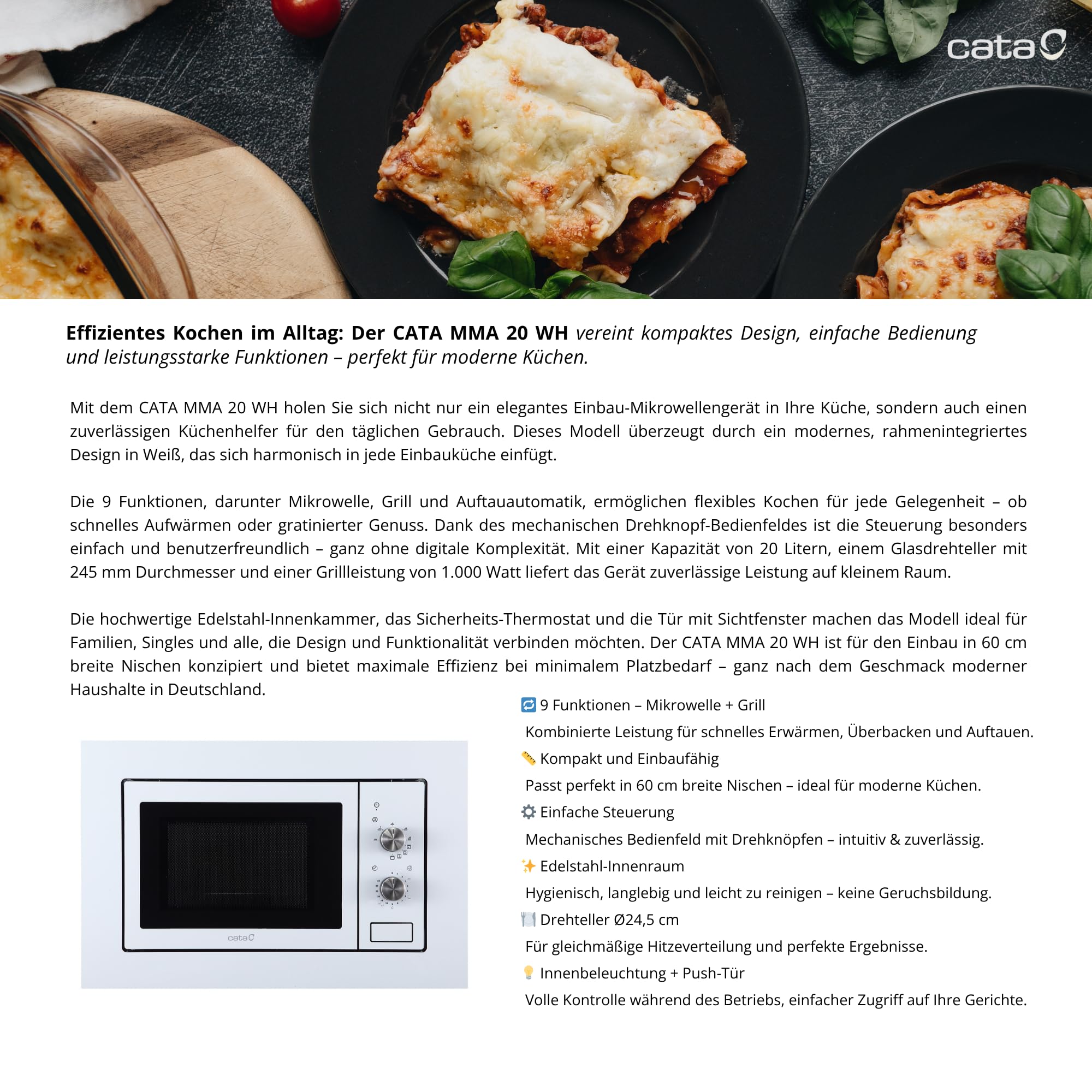 CATA - MMA 20 WH - Micro-ondes encastrable - Blanc - Intérieur en acier inoxydable - Installation dans un meuble haut - 5 niveaux de puissance - Gril de 1000 W - Avec minuterie - 20 L - Largeur 60 cm