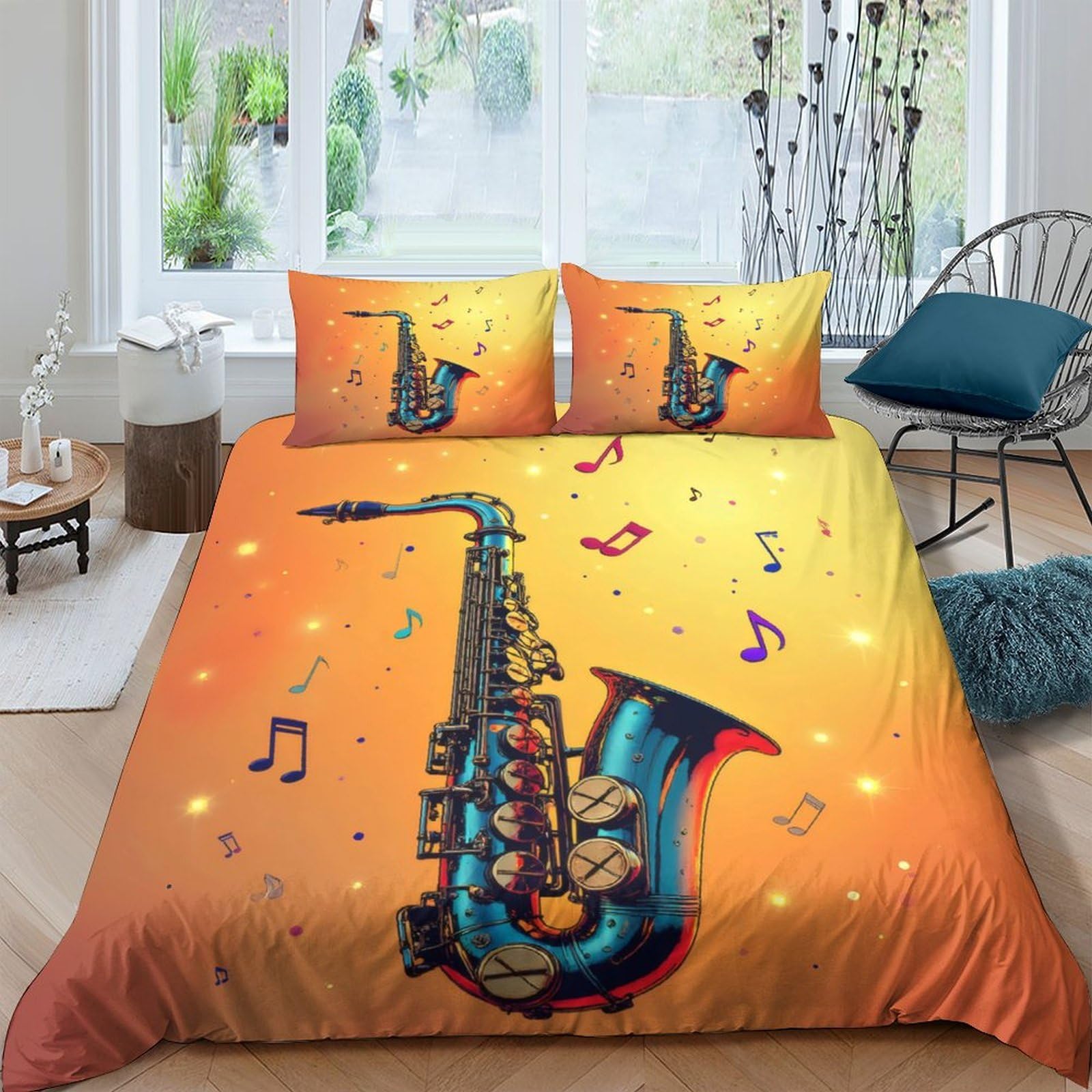 Ctjqhvkz Style-9 3D Printed Jazz Saxophone Fitted Sheet Microfiber Soft Orange Musical Note Bed Cover For Bedroom Dorm Mattress Decor Single（135X200cm）