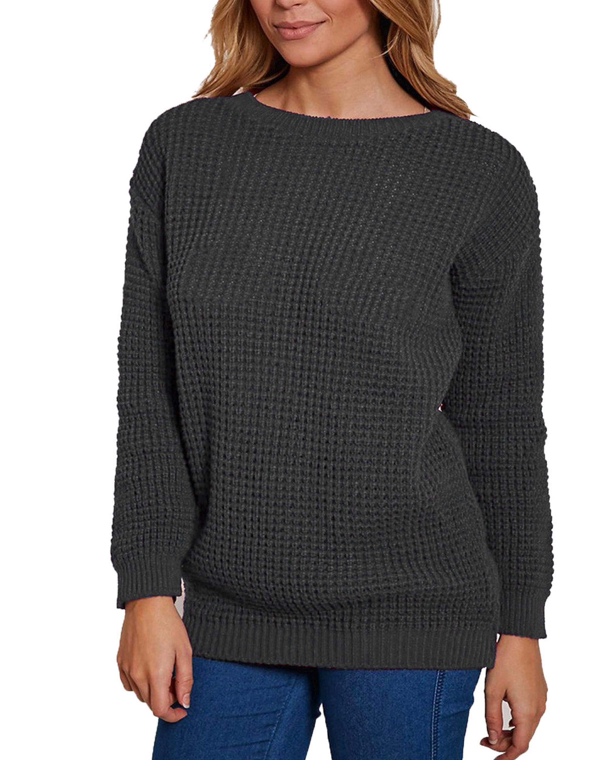 Top Vendor Women's Charcoal Grey Knitted Long Sleeves Crew Neck Over Size Chunky Knit Baggy Jumper Sweater Top Pullover 8-14 (Sm)