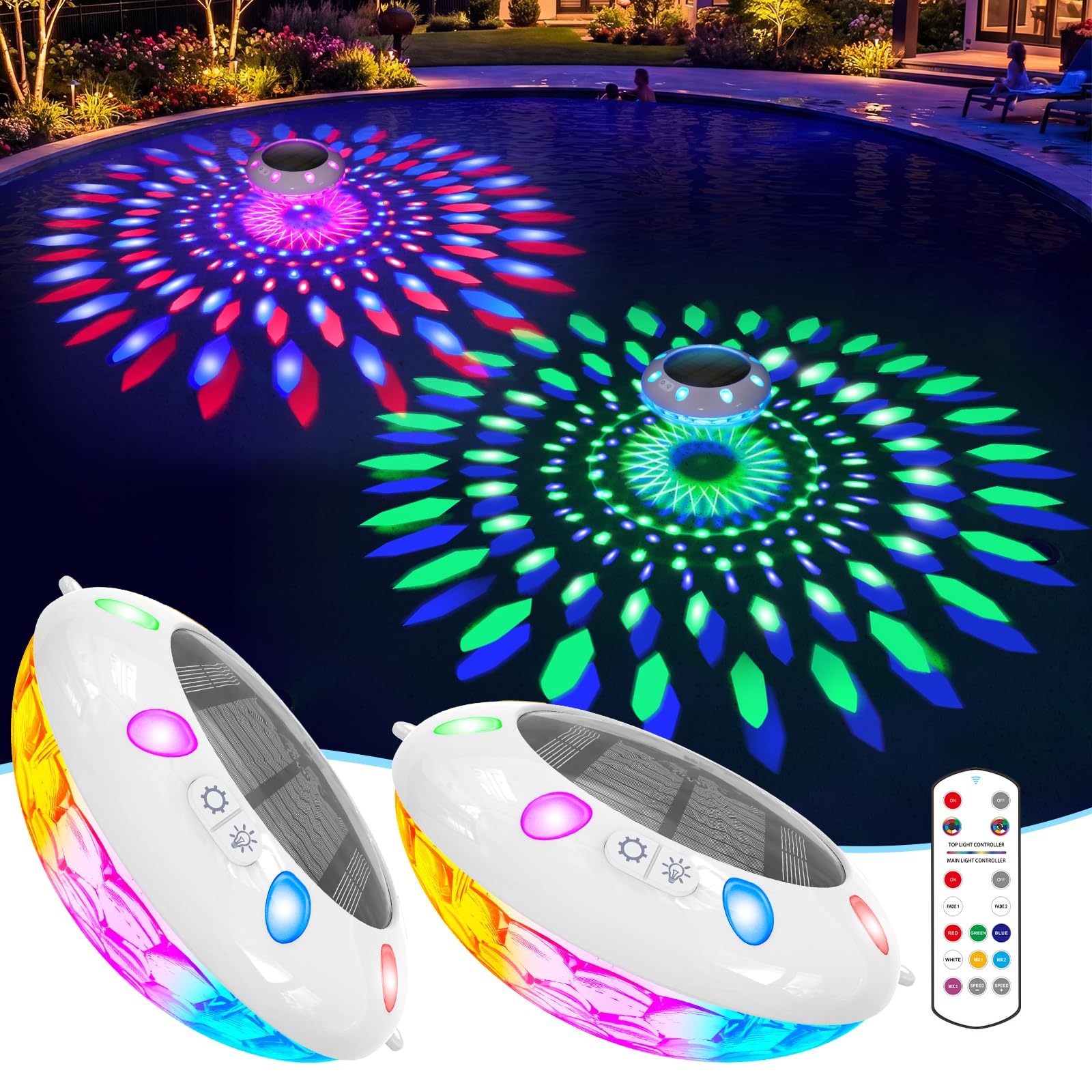 Floating Pool Lights w/Remote, 6.5" Upper &amp; Lower Dynamic LED Color Changing Solar Pool Lights that Float, IP68 Waterproof Solar Floating Light for inground Pools Wedding Party Decor(2)