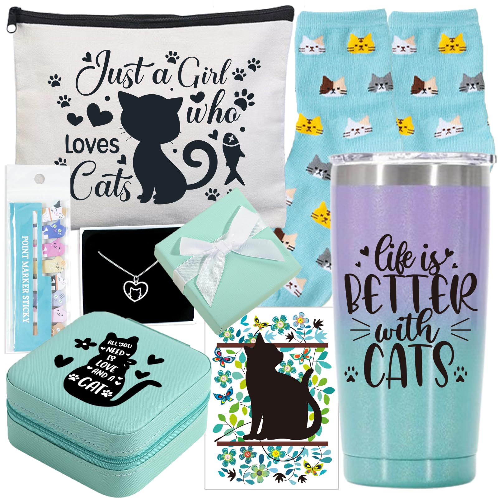 Regalos para amantes de los gatos para mujeres: cesta de regalo con temática de gatos con vaso de gato de 20 onzas, perfecta para cumpleaños, agradecimiento al profesor, día de San Valentín