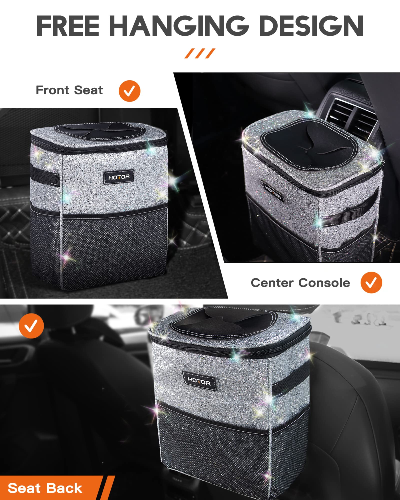 HOTOR Car Trash Can, Leakproof Car Organizer, 2-Gallon, Sparkle White view 7