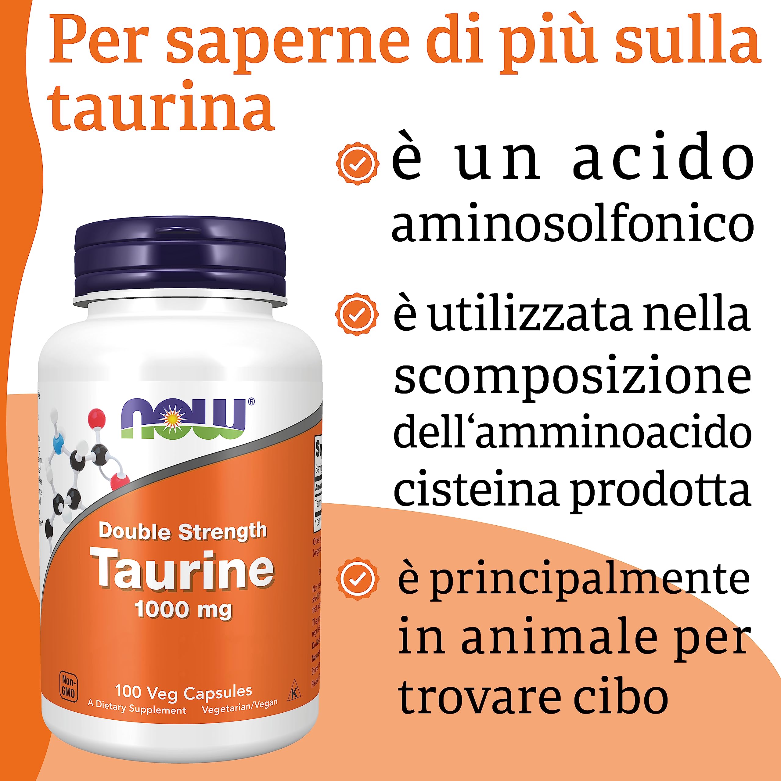 Now Foods, Taurine, Doppia Forza, 1.000mg, 100 Capsule vegan, Testato in Laboratorio, Aminoacido, Senza Glutine, Senza Soia, Vegetariano