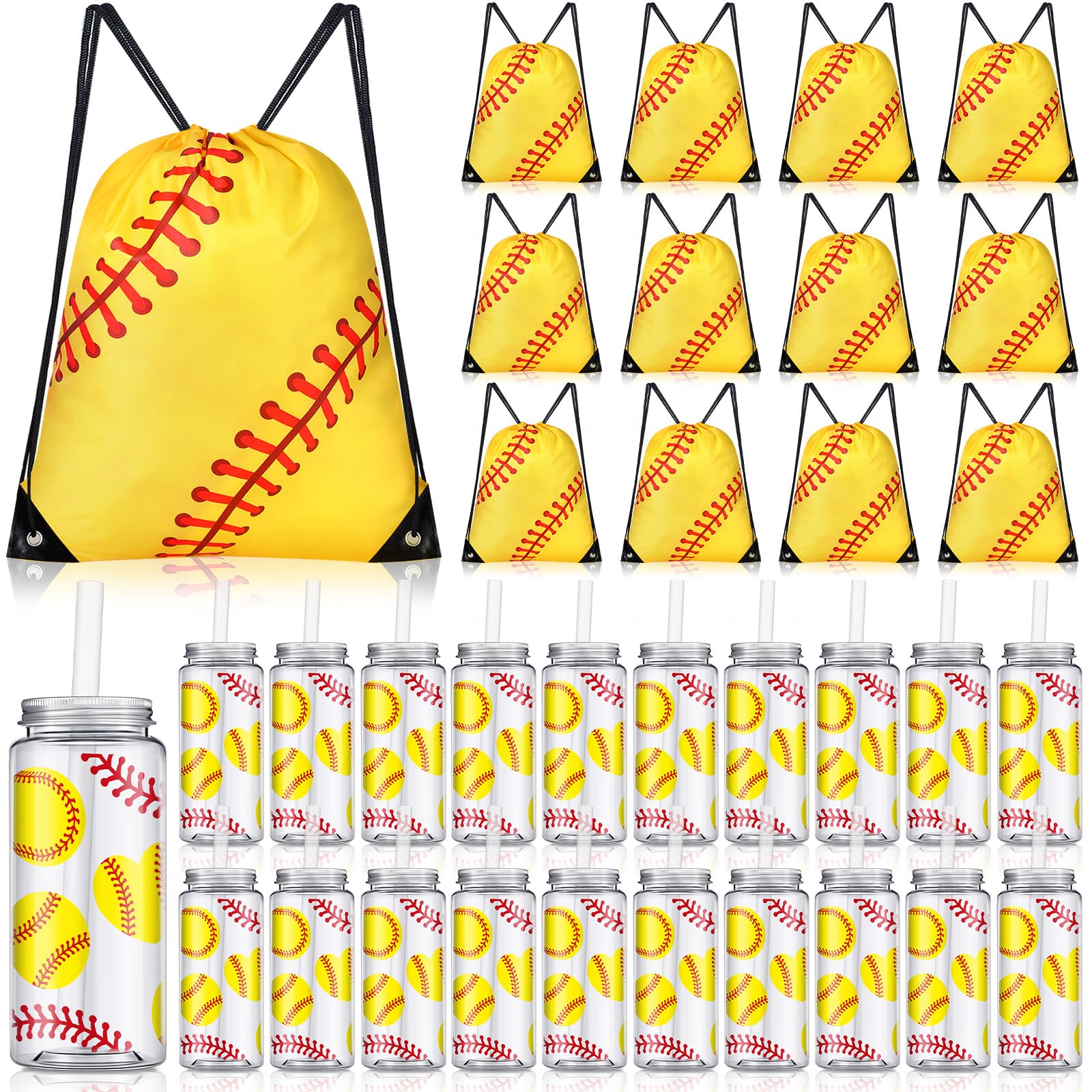 Shinylin 40 Pcs Drawstring Bag Set 14.2 oz 20 Reusable Tumbler Clear Plastic Drinking Cups with Lids and Straws Tumbler 20 Goodie Gift Bag for School