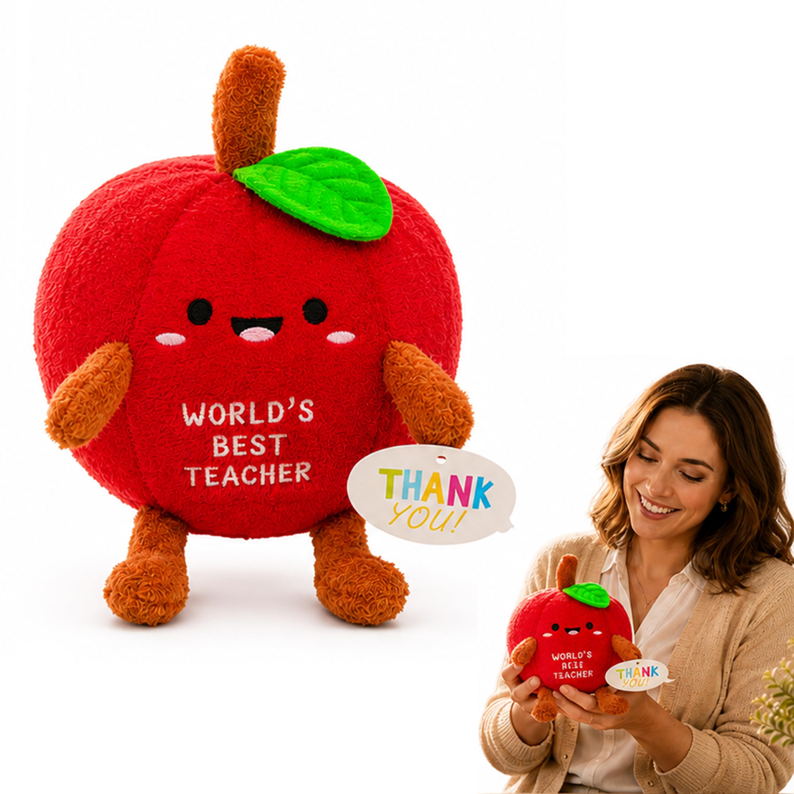 SRV Hub World's Best Teacher Apple Plush Gift, Soft Stuffed Apple Toy with Embroidered Message, Thank You Teacher Desk Decoration, Polyester Plush Keepsake, Size - 23cm
