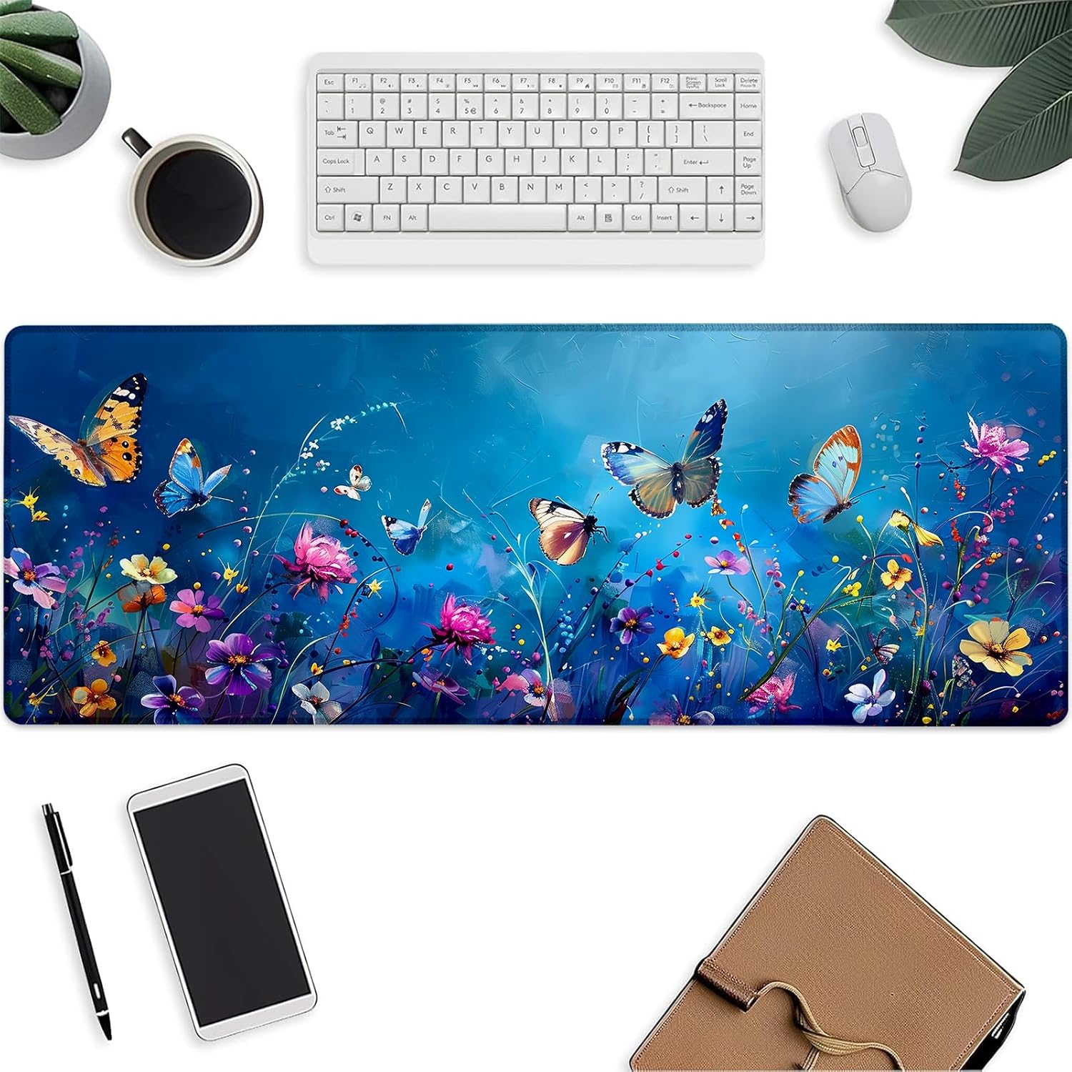 Blue Butterfly Mouse Pad，Floral Animal Gaming Keyboard Mat，Laptop Computer Protector with Non-Slip Rubber Base，Large Extended MousePads Gifts for Desk Office Home，Deskmat Decor 31.5" x 11.8"