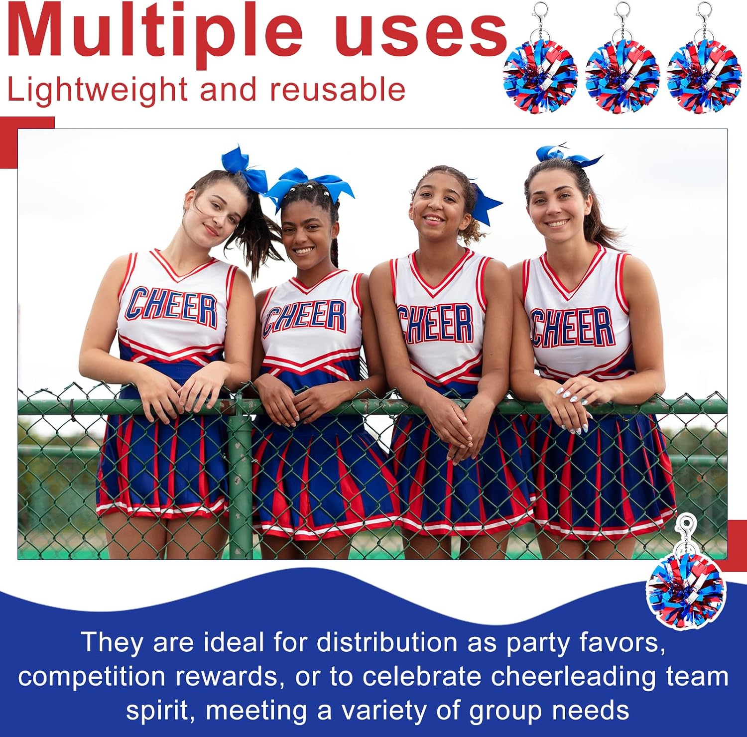 24Pcs Cheer Pom Pom Keychain Cheering Keyring Charm Foil Keychain Cheerleader Gift Plastic Pom Cheer Camp Gift