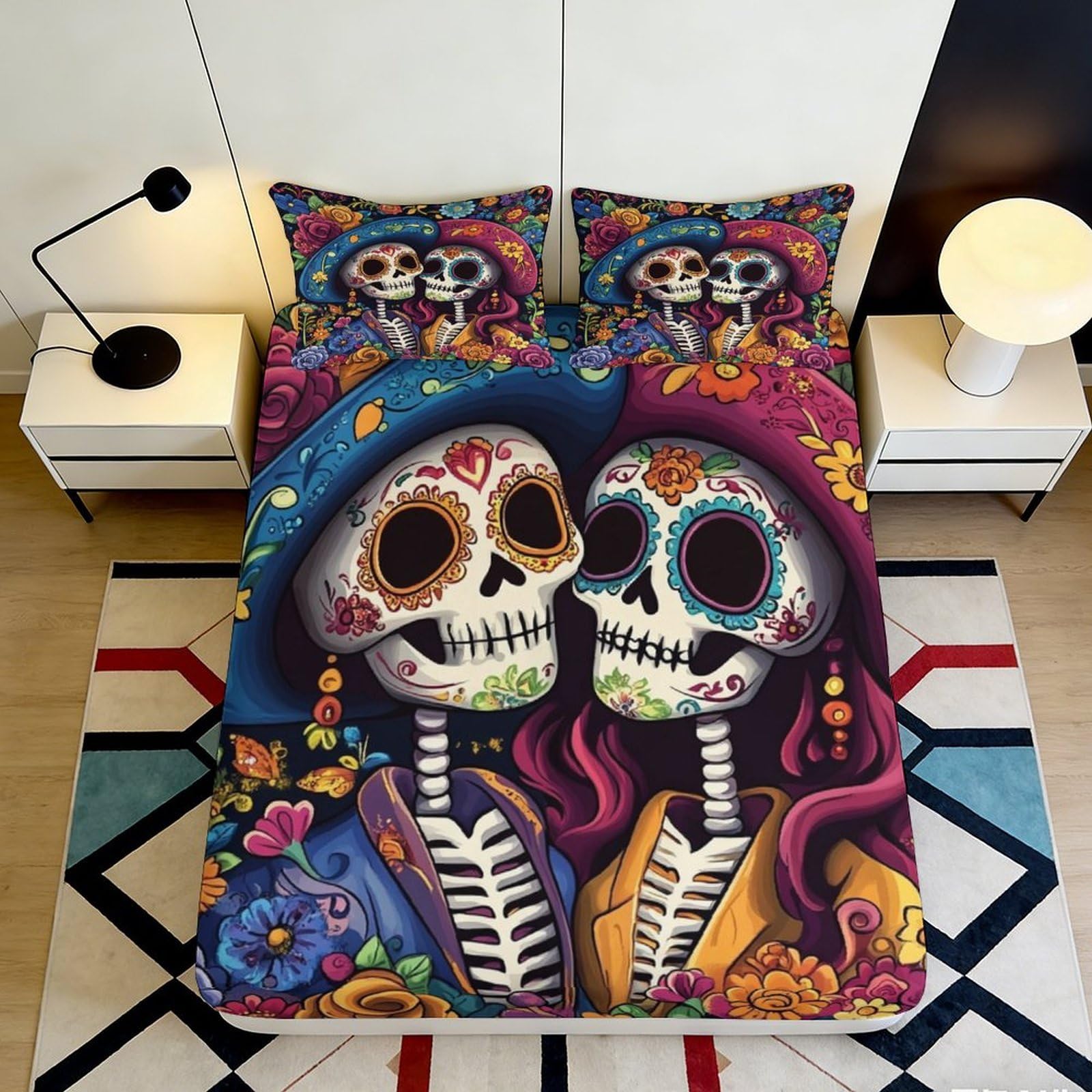3D Printed Skull Couple Pattern Fitted Sheet Microfiber Elastic Hem Full Wrap Bedroom Bedding Skull Mattress Fitted Cover Deep Pocket Washable for Adults Teens 200x200x25cm 90x200x25cm