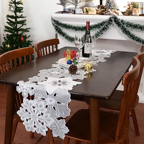 Miniatura 6 de Camino de mesa bordado a máquina y cortado a mano con copos de nieve gris plateado y blanco para vacaciones de Navidad (13.5 x 108 pulgadas)