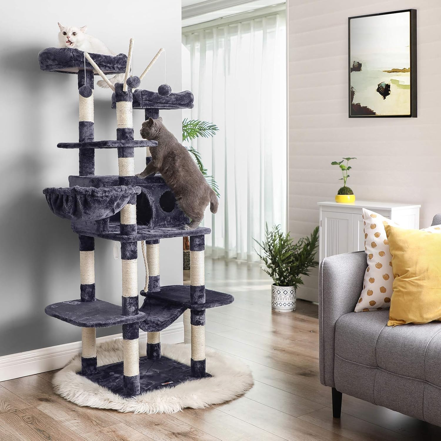 FEANDREA Cat Tree, Large Cat Tower, 64.6 Inches, Cat Activity Center with Hammock, Basket, Removable Fur Ball Sticks, Cat Condo, Smoky Gray UPCT087G01 : Pet Supplies