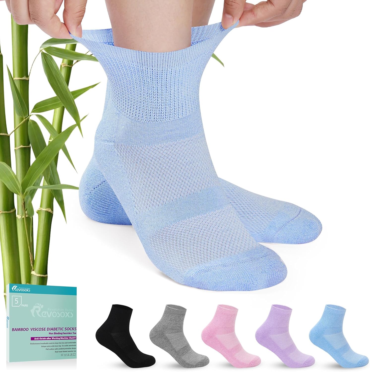 Bamboo Viscose Diabetic Ankle Socks - 5 Pairs for Men & Women (Bright-Medium)