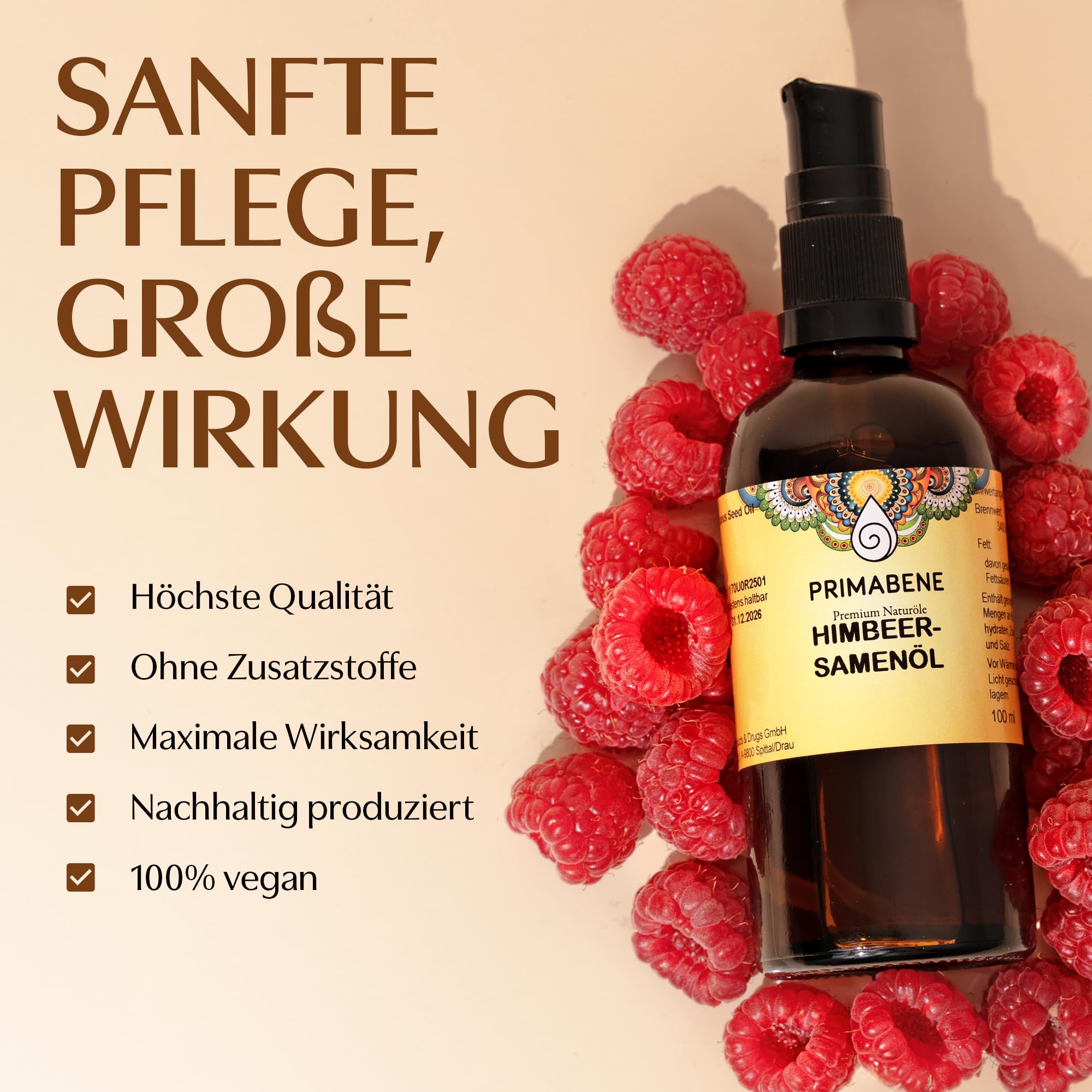 100% Himbeersamenöl - 100ml - rein & kaltgepresstes Himbeersamen Öl für Hautpflege, Haarpflege & Sonnenschutz - Himbeeröl reich an essentiellen Fettsäuren, Antioxidantien & Omega-3