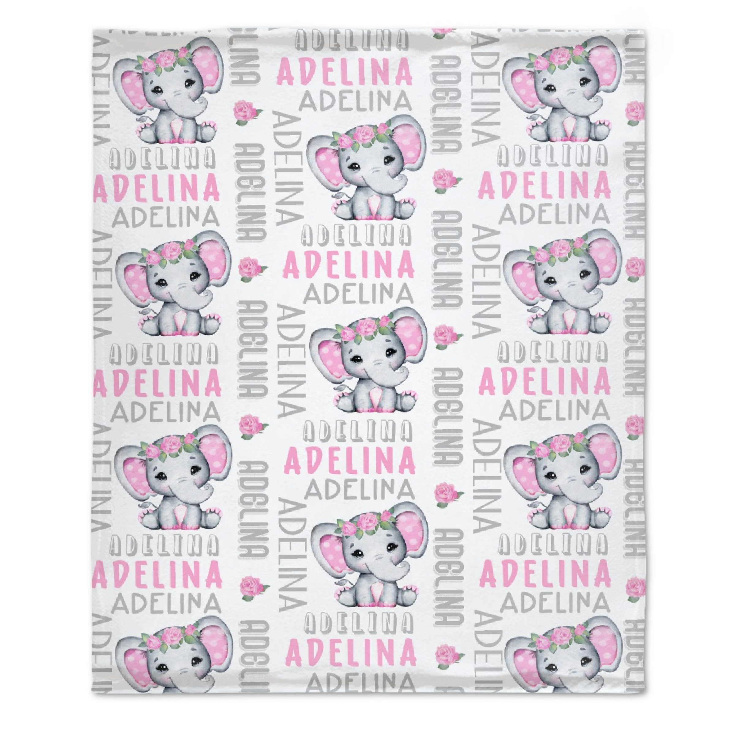 Personalized Baby Blanket With Elephant Design - Custom Name Flannel Blanket 30x40 Inches, Pink Nursery Swaddle