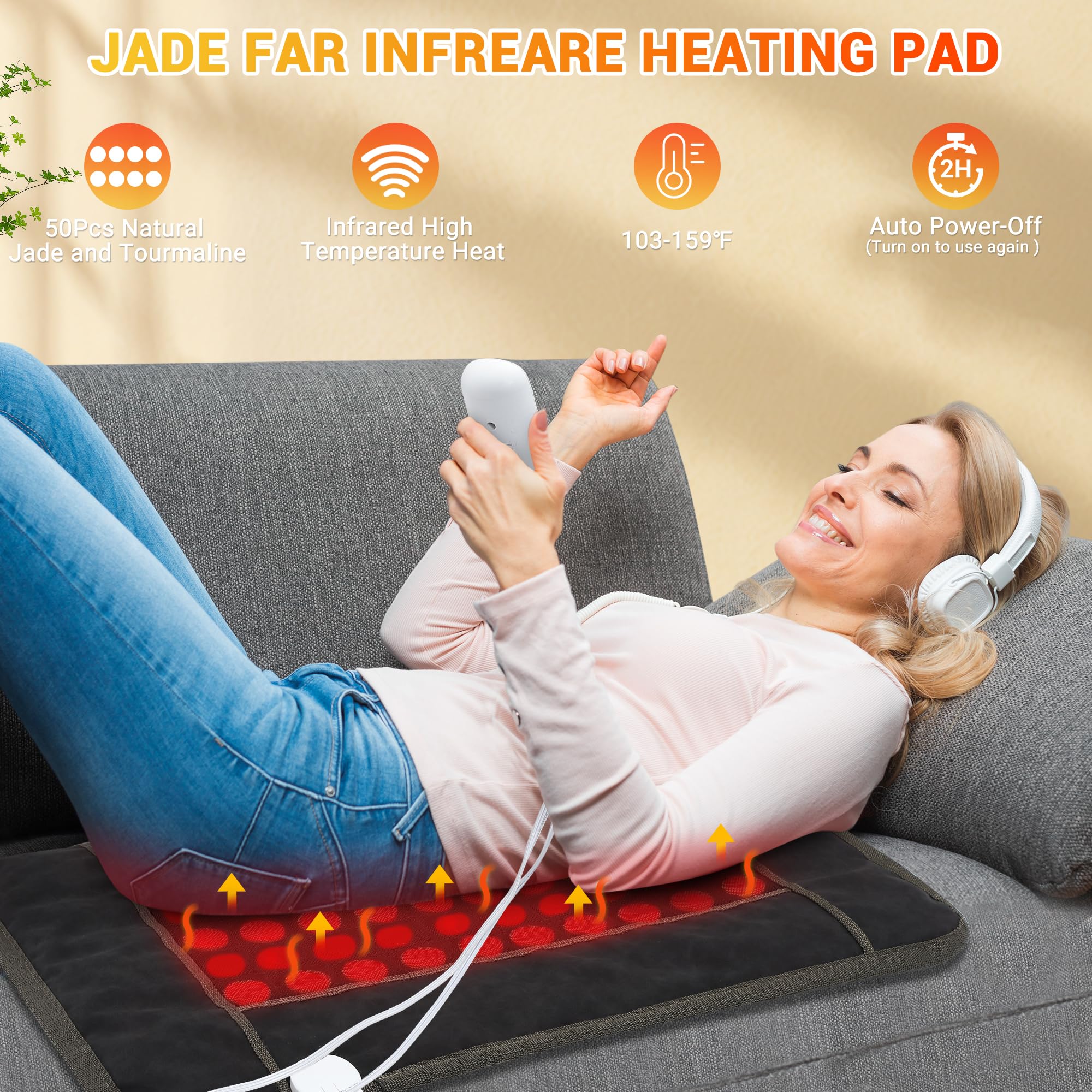 Far Infrared Heating Pads for Back Pain Relief, Natural Jade and Tourmaline Heating Pad, Electric Therapy Pads for Neck Shoulders and Period Cramps, Auto Shut Off (Black, 32