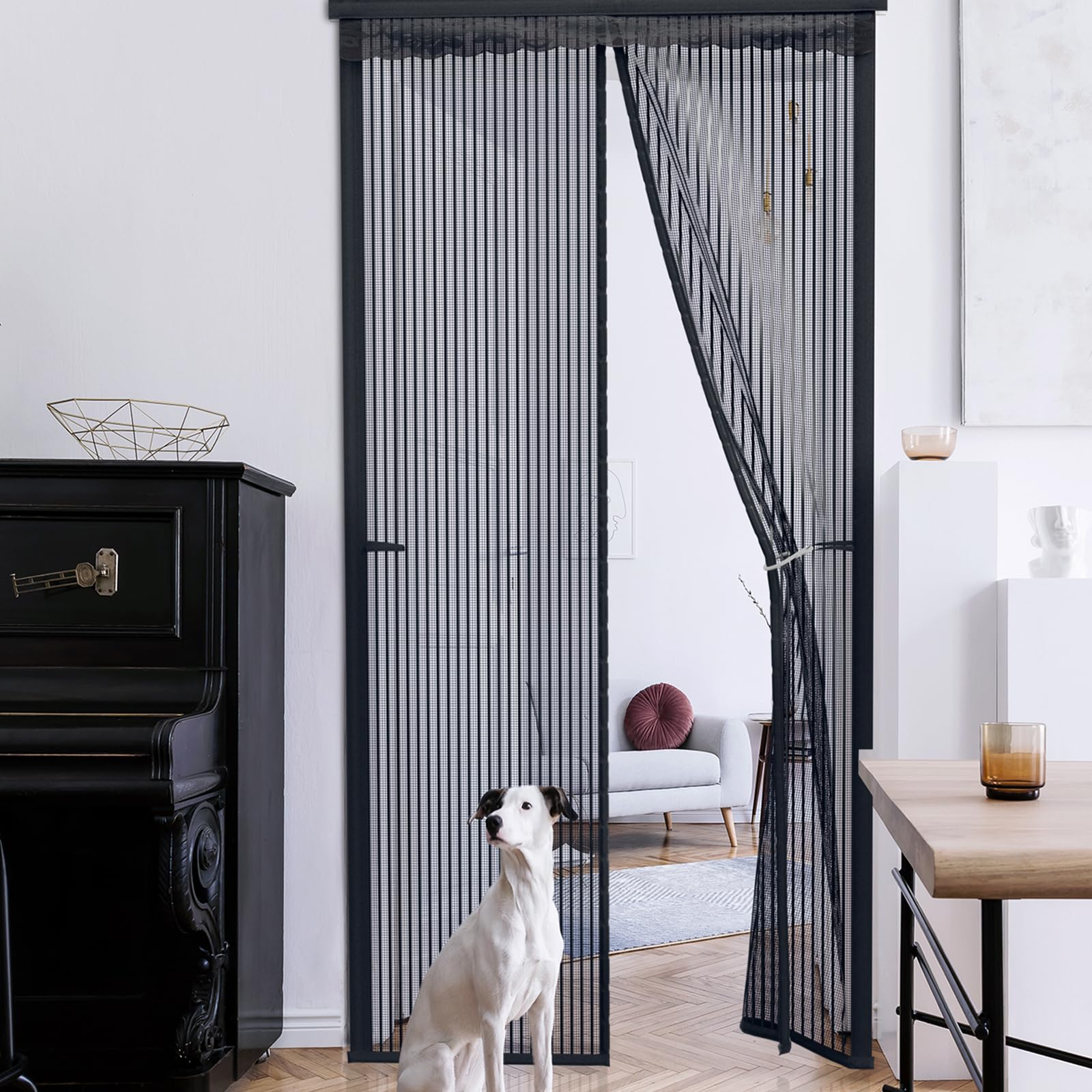 Magnetic Screen Door Hands-Free Mesh Screen Door Pet-Friendly Door Screen Magnetic Closure-Heavy Duty, Easy to Install-39 Inch x 82 Inch, Strip Black