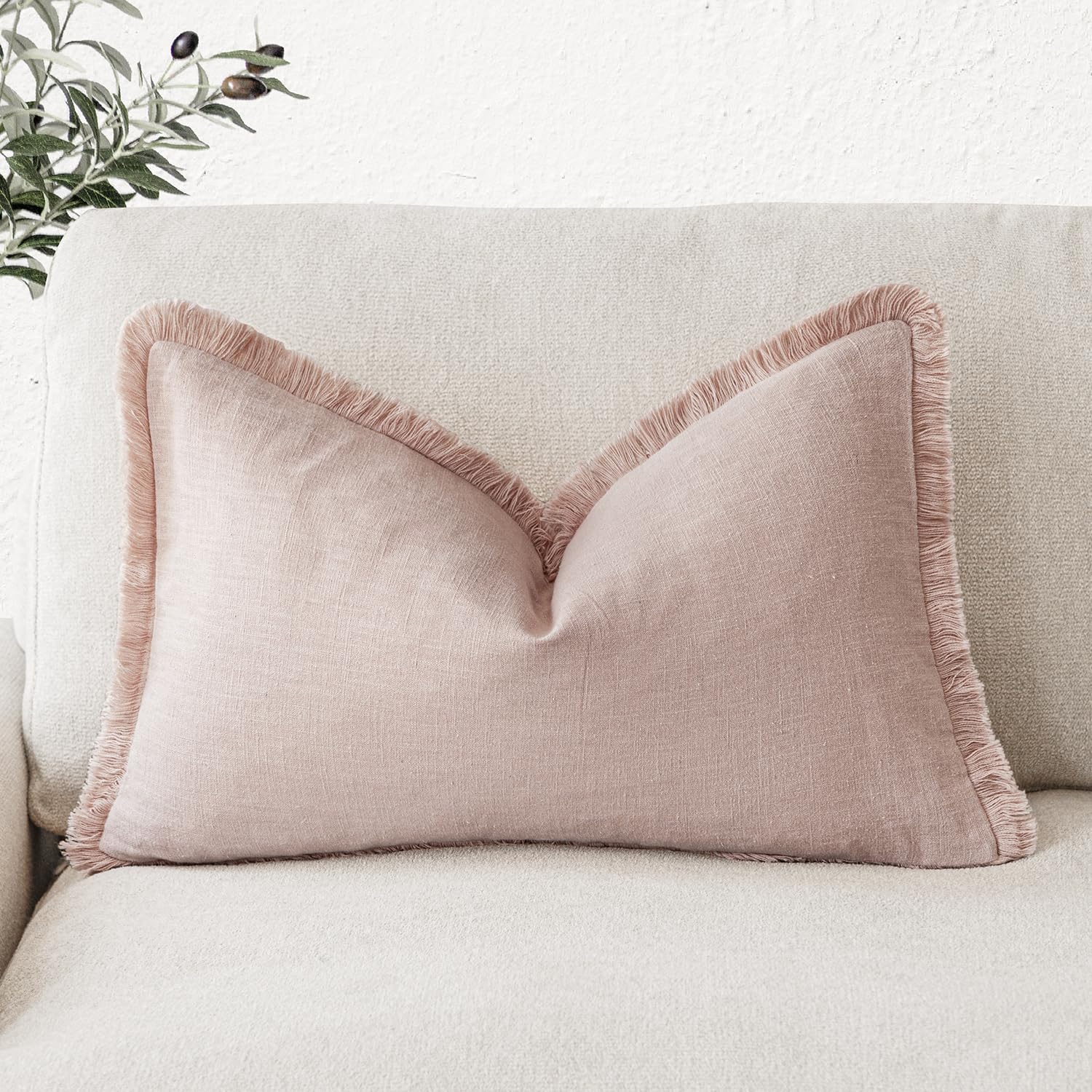 Foindtower Decorative Linen Fringe Throw Pillow Covers Cozy Boho Farmhouse Cushion Cover with Tassels Soft Accent Pillowcase for Chair Sofa Bed Living Room Home Decor, 12×24 Inch, 1PC,Light Pink