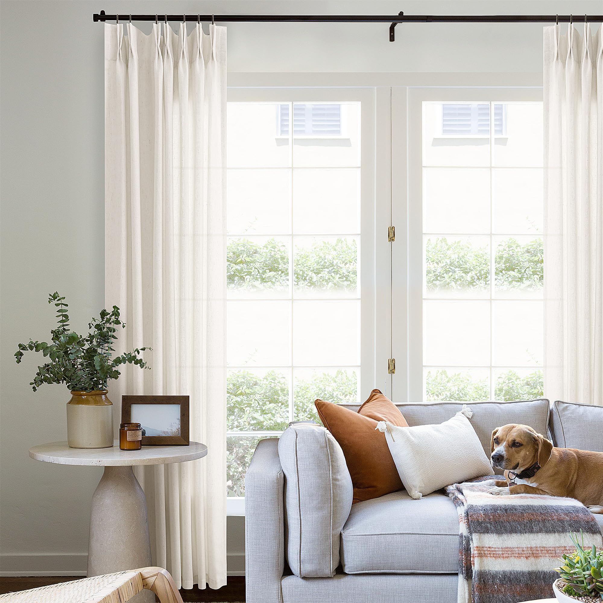 Photo 1 of Pinch Pleated 90 Inch Curtains for Living Room Cream Ivory Flax Linen Curtains 90 Inches Long Pinch Pleat Drapes Back Tab Boho Farmhouse Light Filtering Semi Sheer Drapes for Bedroom Dining Office