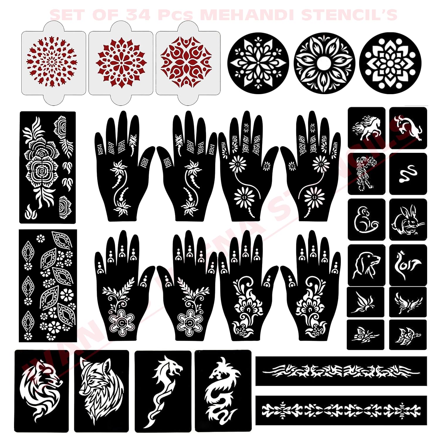 Ivana's Set of 34 Pcs Reusable Mehandi Stencils for Hands, Wrist, Body, Back, Neck, Face Combo Pack Stencils for Women, Girls And Kids, Easy To Use In Just 4 Steps Indian Design Collection, A2107